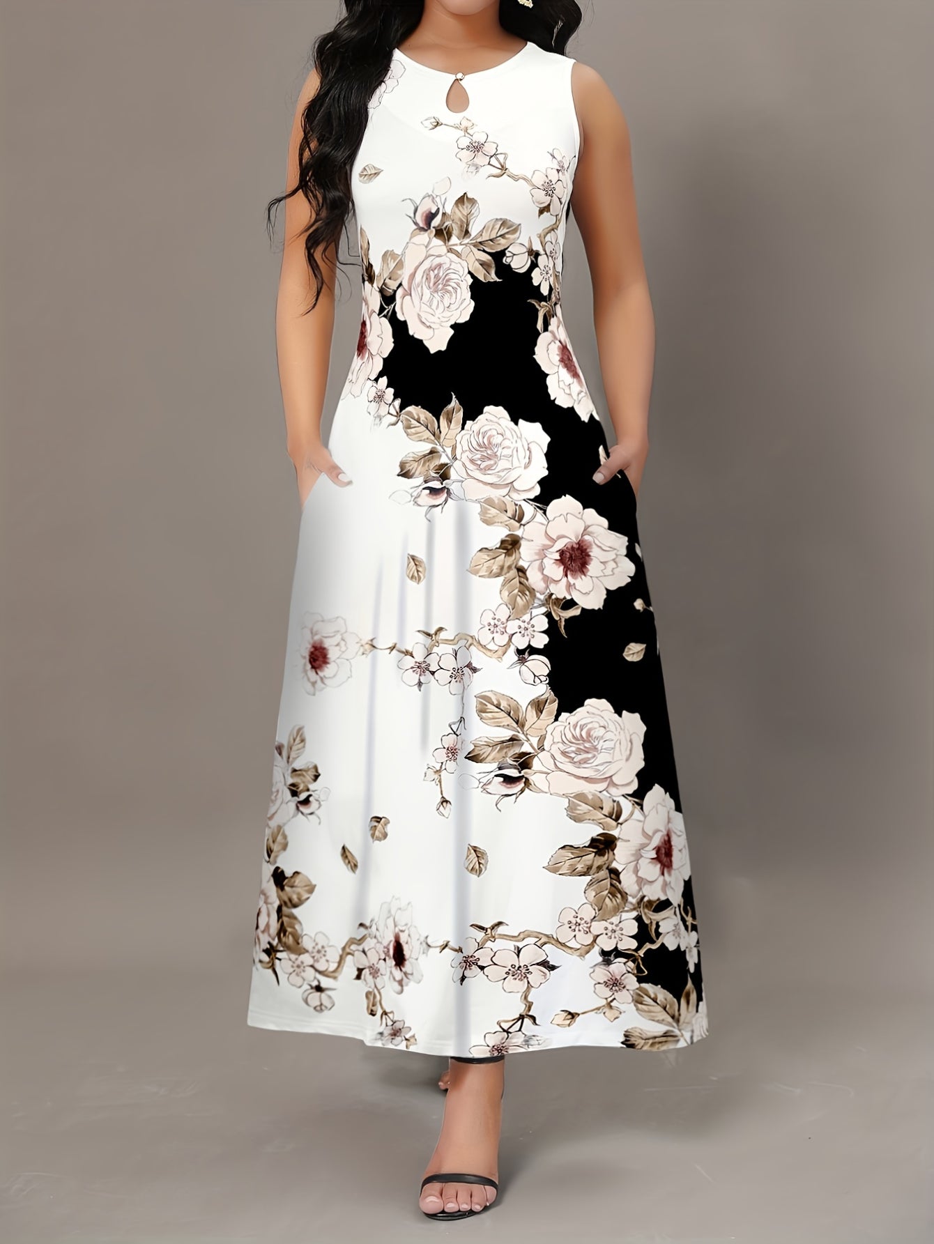 Casual Tank Dress, Colorblock Floral Print Cut Out Round Neck Medium Stretch Maxi Tank Dress