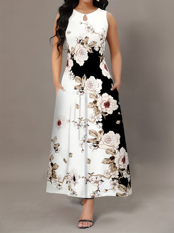 Casual Tank Dress, Colorblock Floral Print Cut Out Round Neck Medium Stretch Maxi Tank Dress