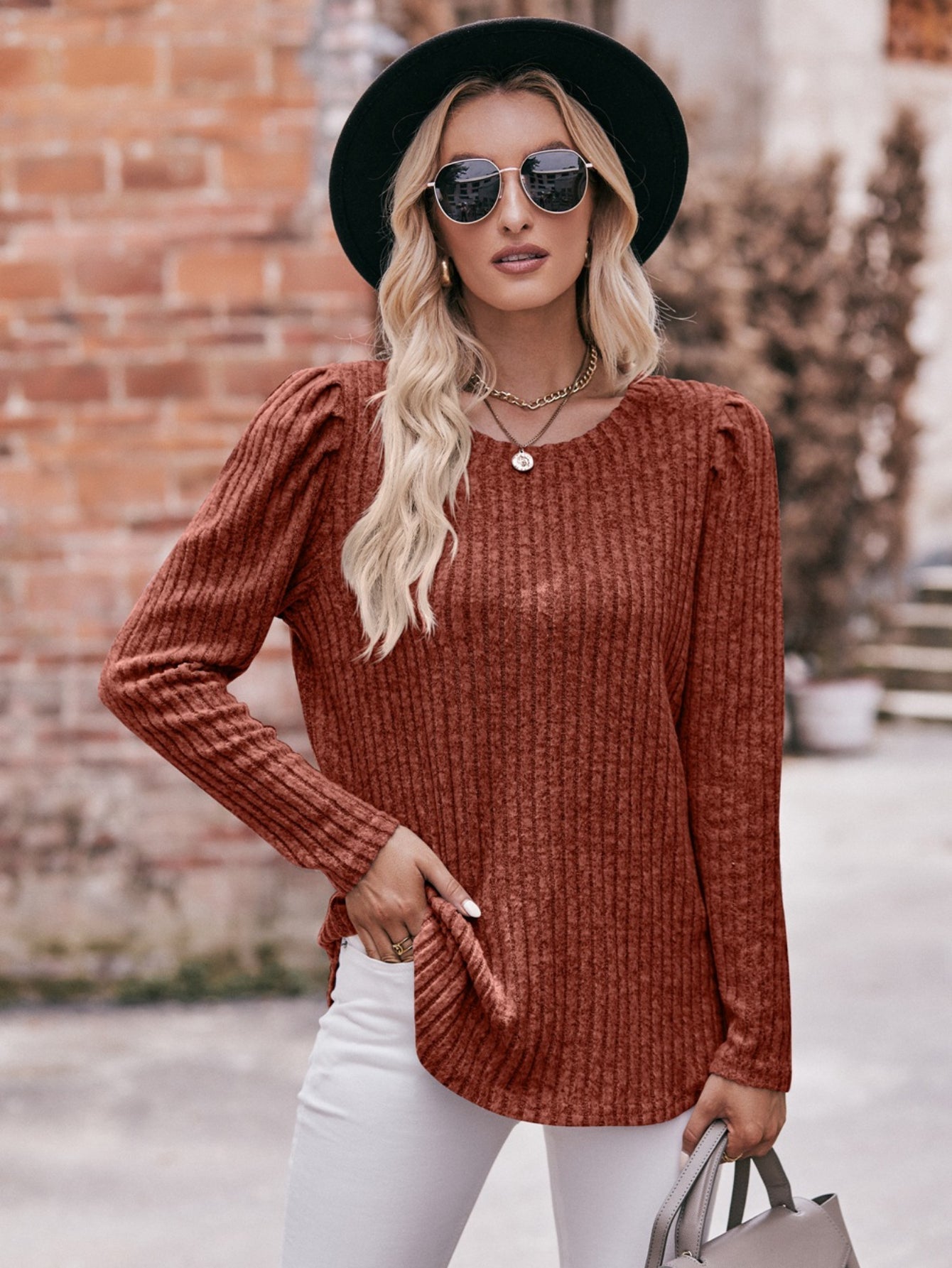Ribbed Crew Neck T-Shirt, Casual Long Sleeve Top