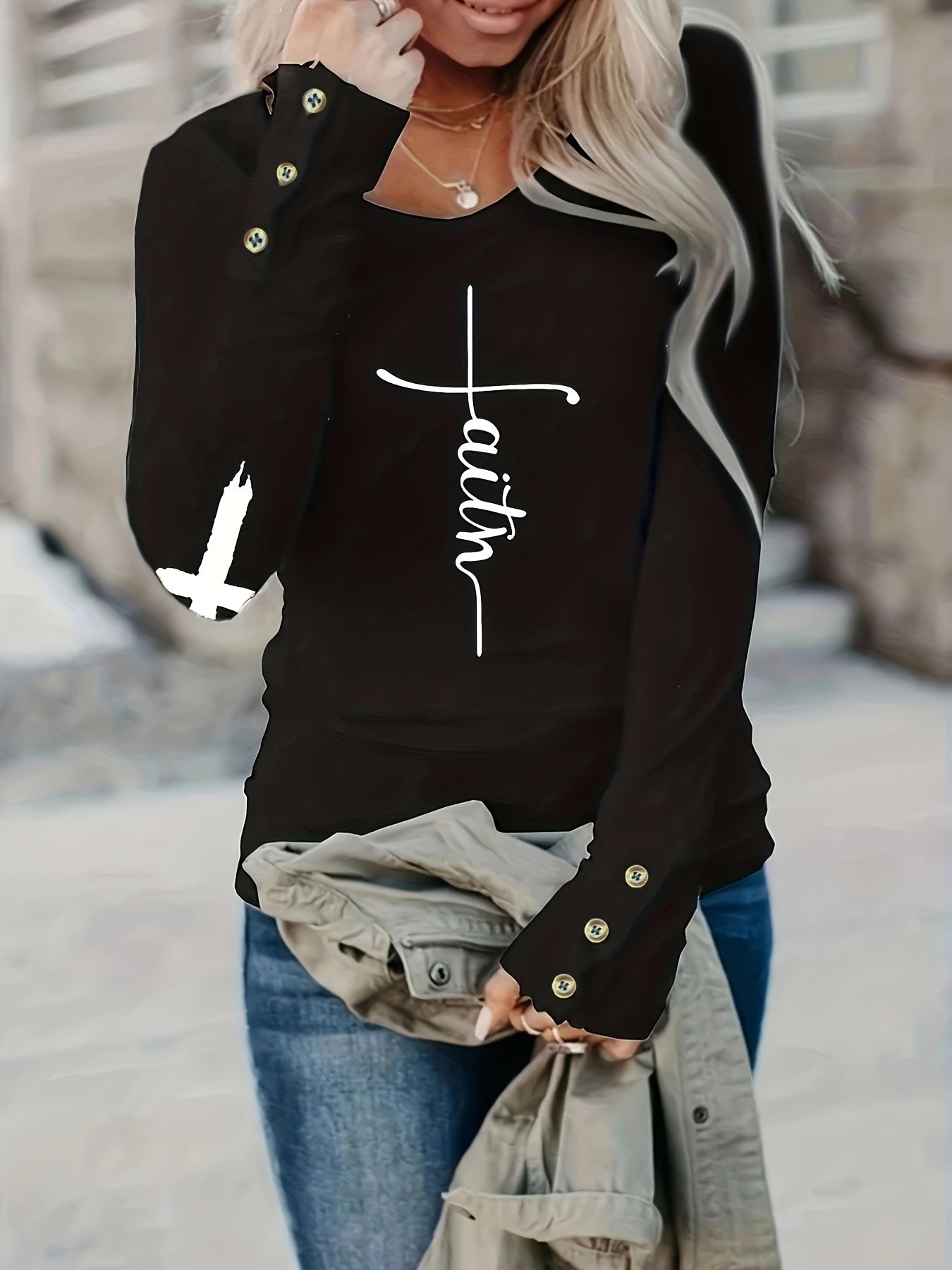 Cross & Letter Print Crew Neck T-Shirt, Casual Long Sleeve Top