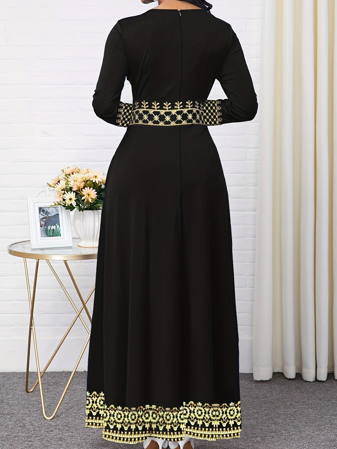 Vintage Print Long Sleeve Elegant Dress, Crew Neck Long Sleeve Dress