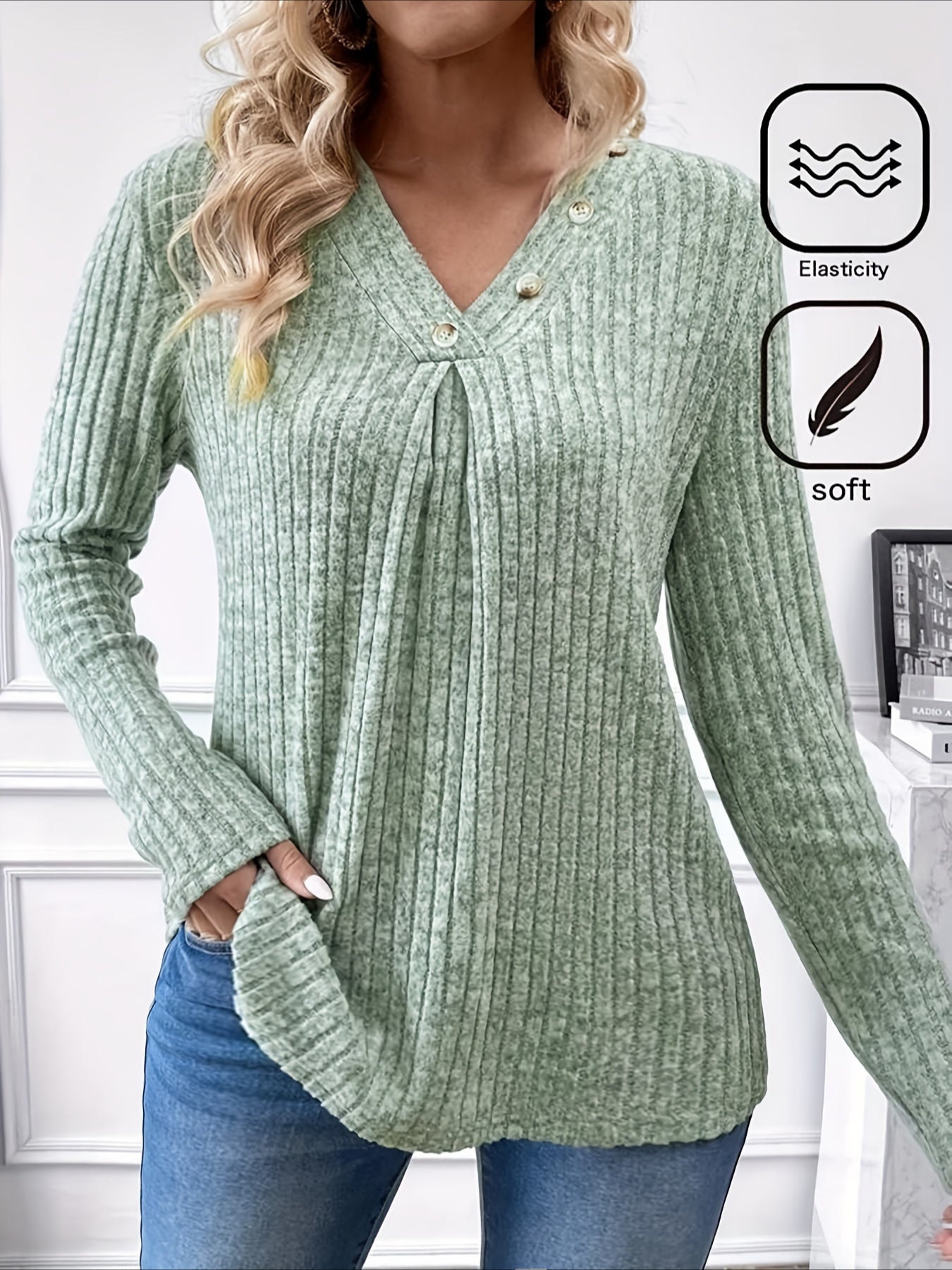 Striped V-Neck T-Shirt - Casual Long Sleeve, High Stretch Knit Top