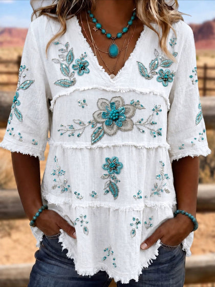 V Neck Floral Print Tiered Blouse with Frayed Trim