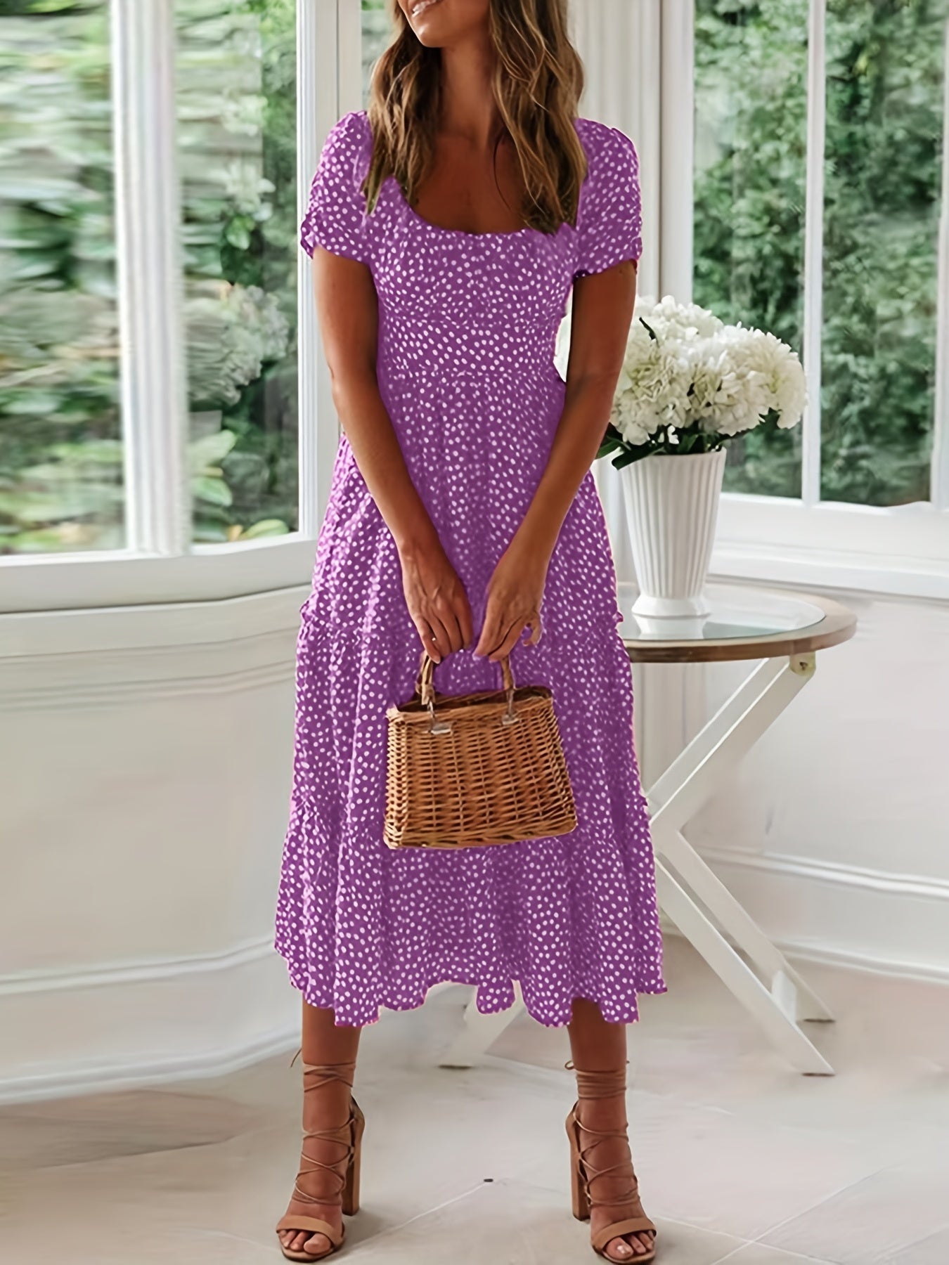 Polka Dot Ruffle Hem Dress, Casual Square Neck Short Sleeve Dress