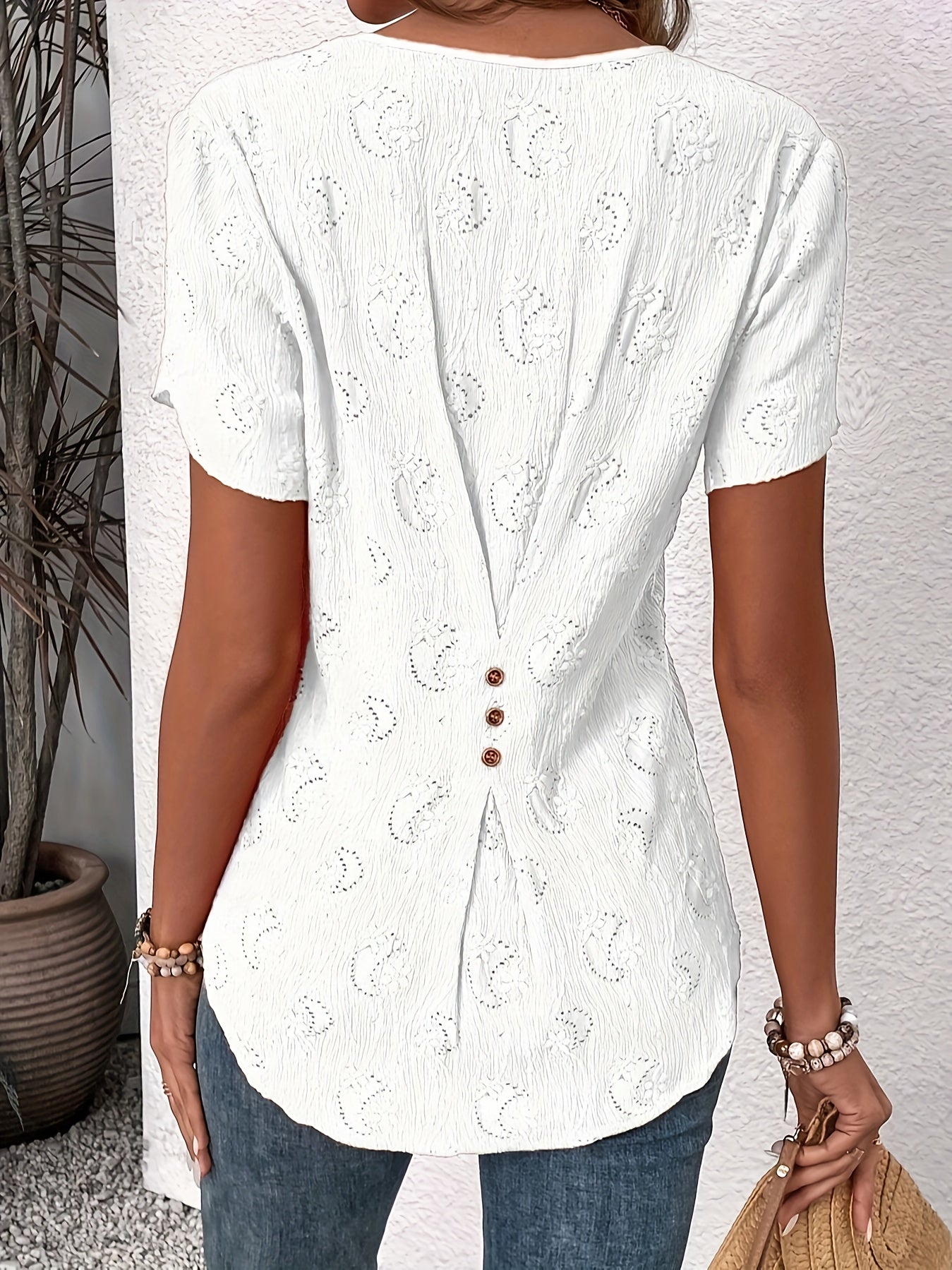 Hollow Out Notched Neck Blouse, Elegant Petal Sleeve Blouse For Spring & Summer, Women's Clothing