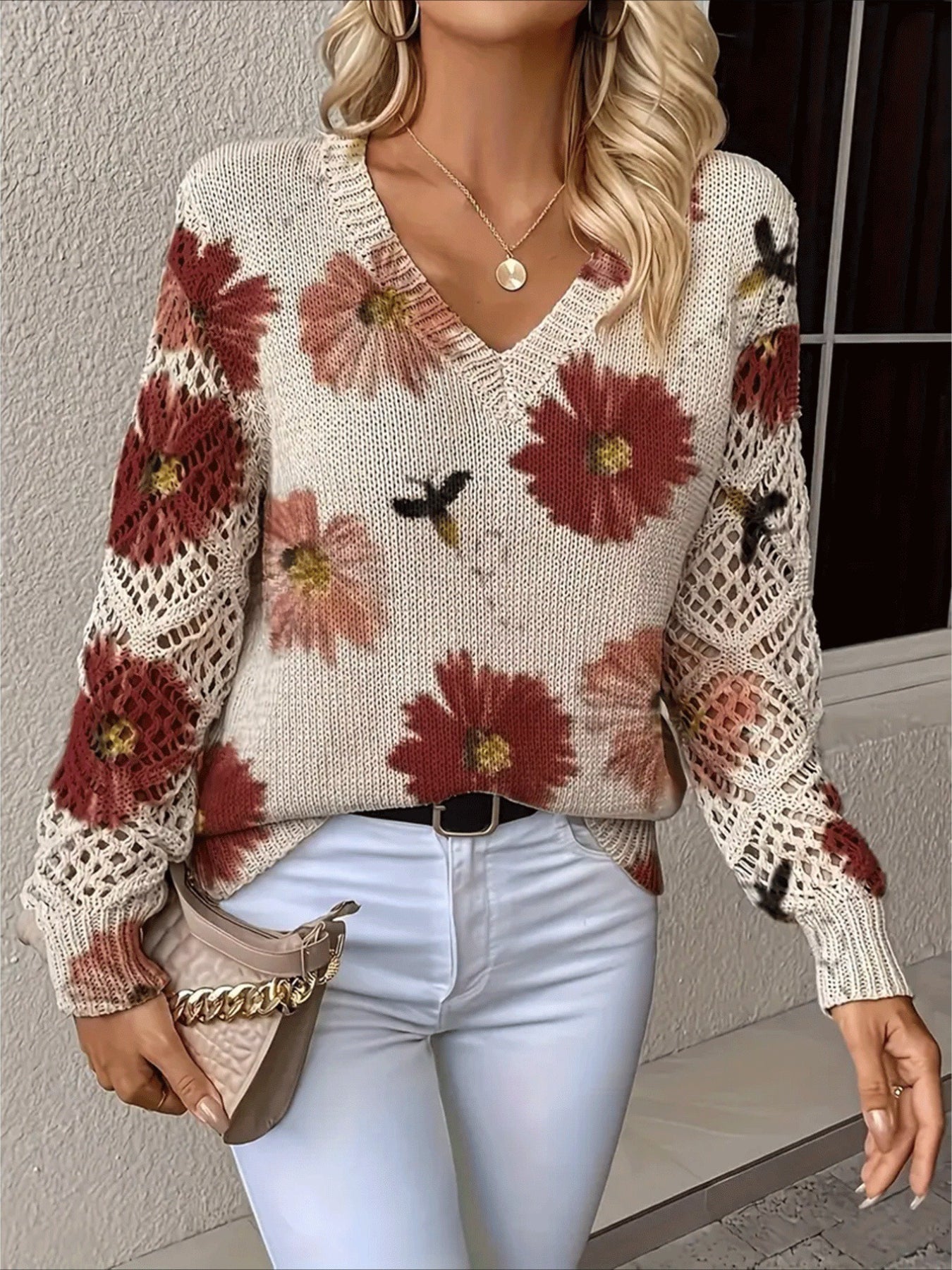 V-Neck Long Sleeve Floral Print Pullover Sweater