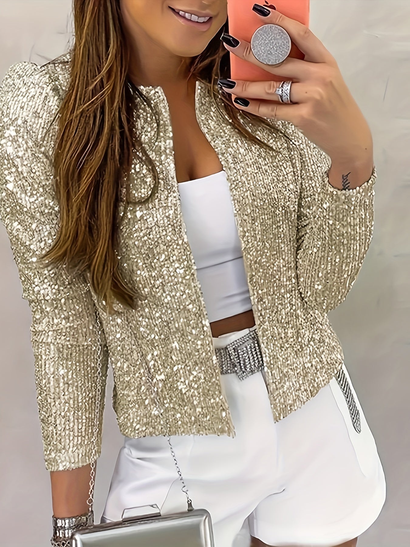 Solid Crew Neck Sequined Jacket, Long Sleeve Casual Every Day Top