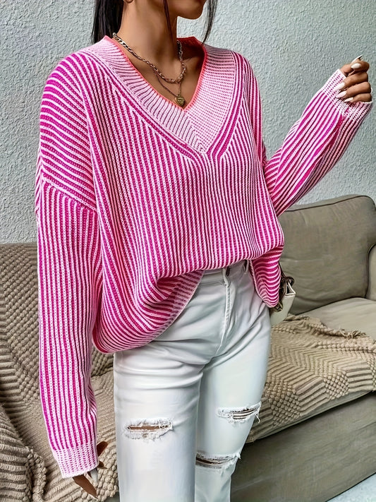 Striped V Neck Loose Sweater, Casual Long Sleeve Sweater