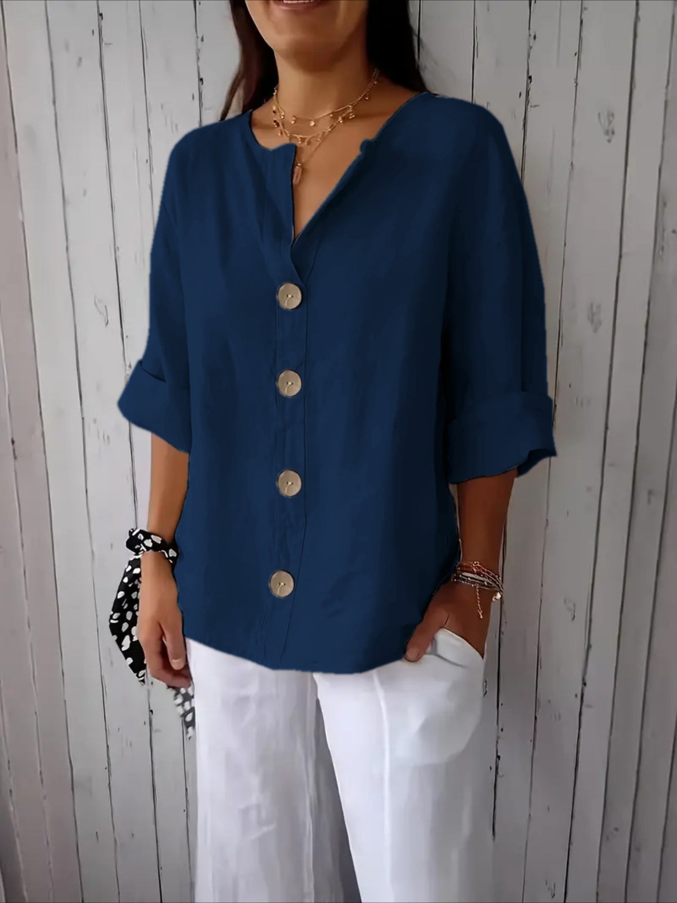 V-Neck Button-Up Solid Color Short Sleeve Loose Fit Short Sleeve Shirt