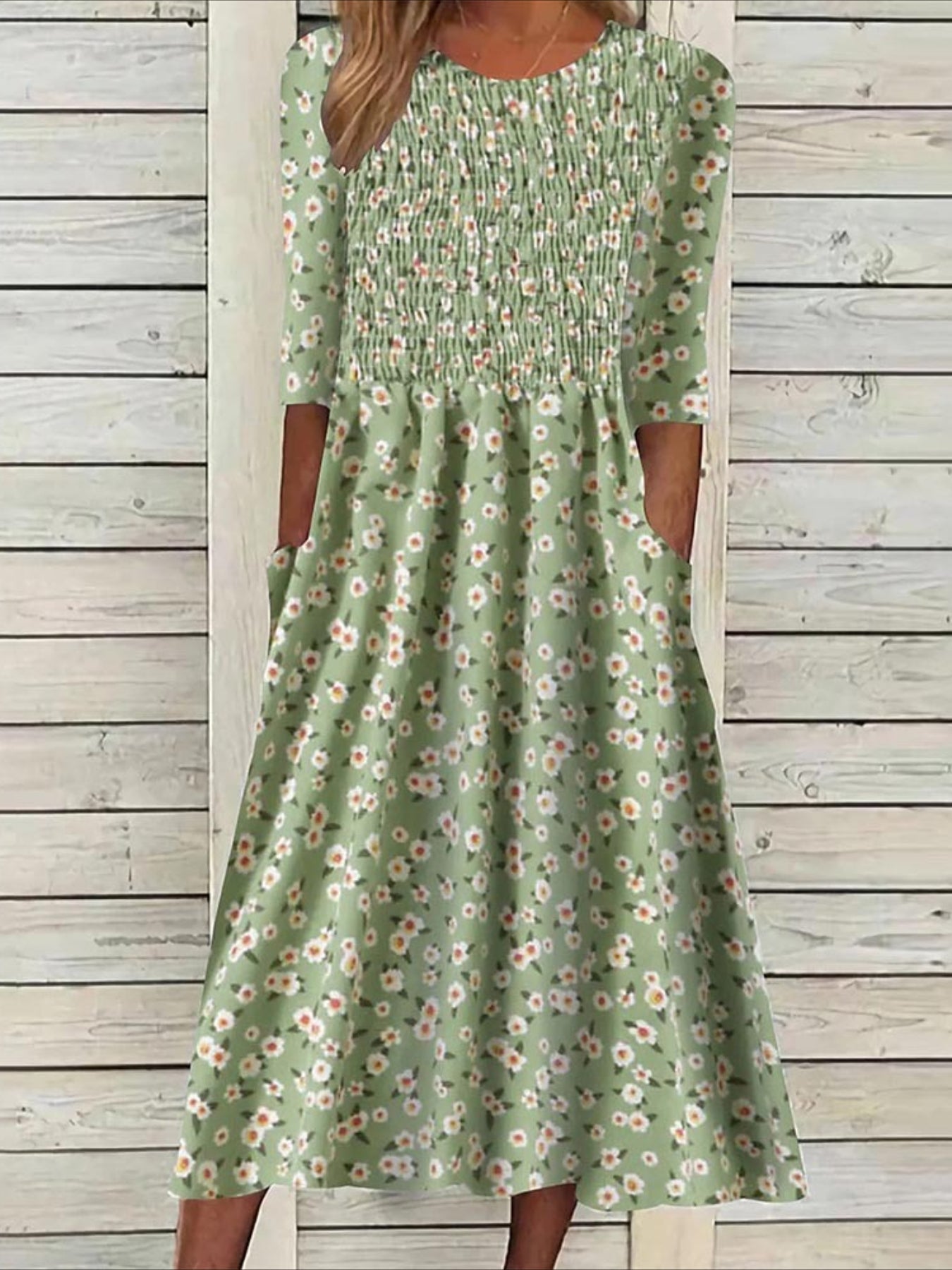 Floral Ditsy Ruched Pocket Crew Neck Daily Vacation Half Sleeve Midi Dress