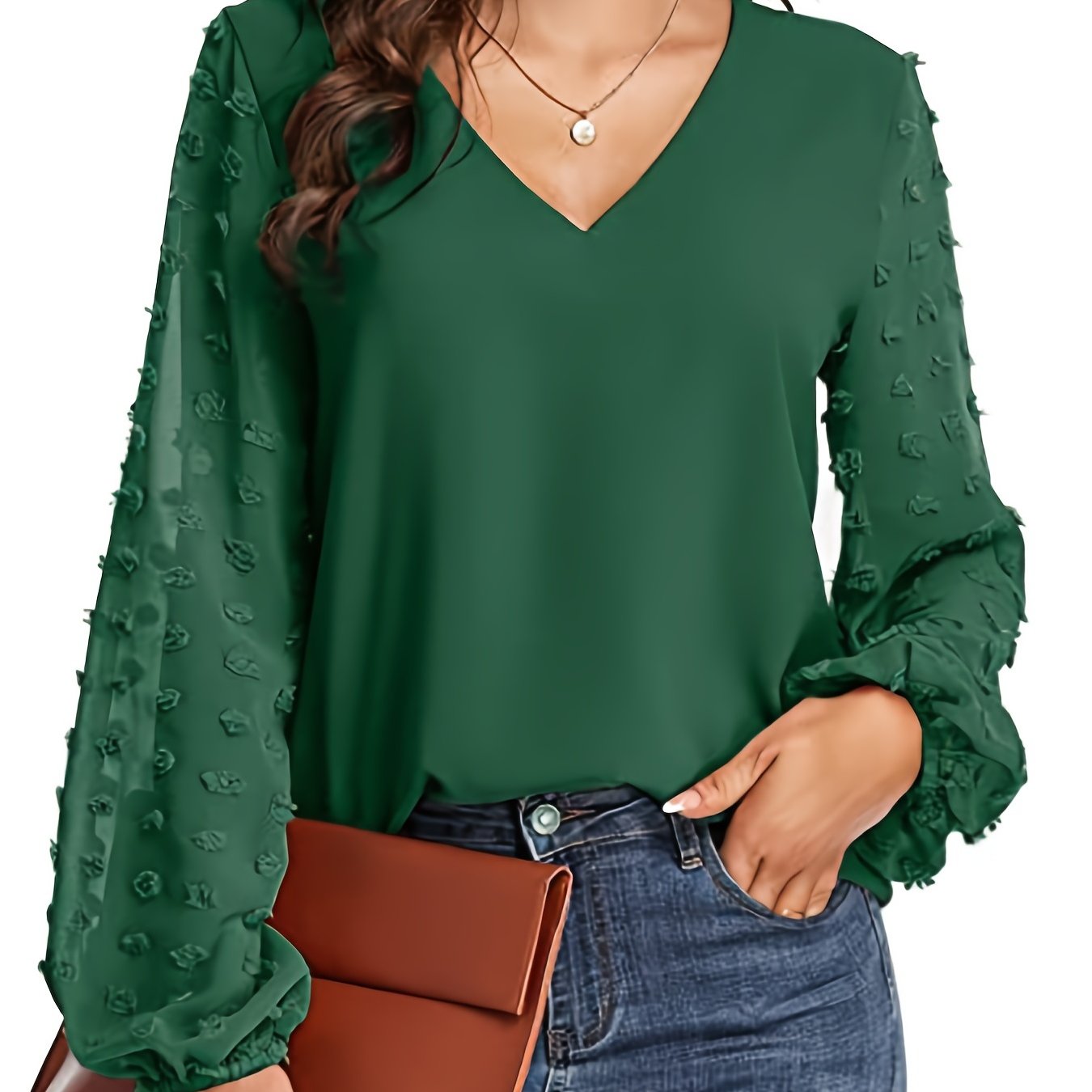 Swiss Dot Sleeve Shirt, Casual V Neck Solid Shirt
