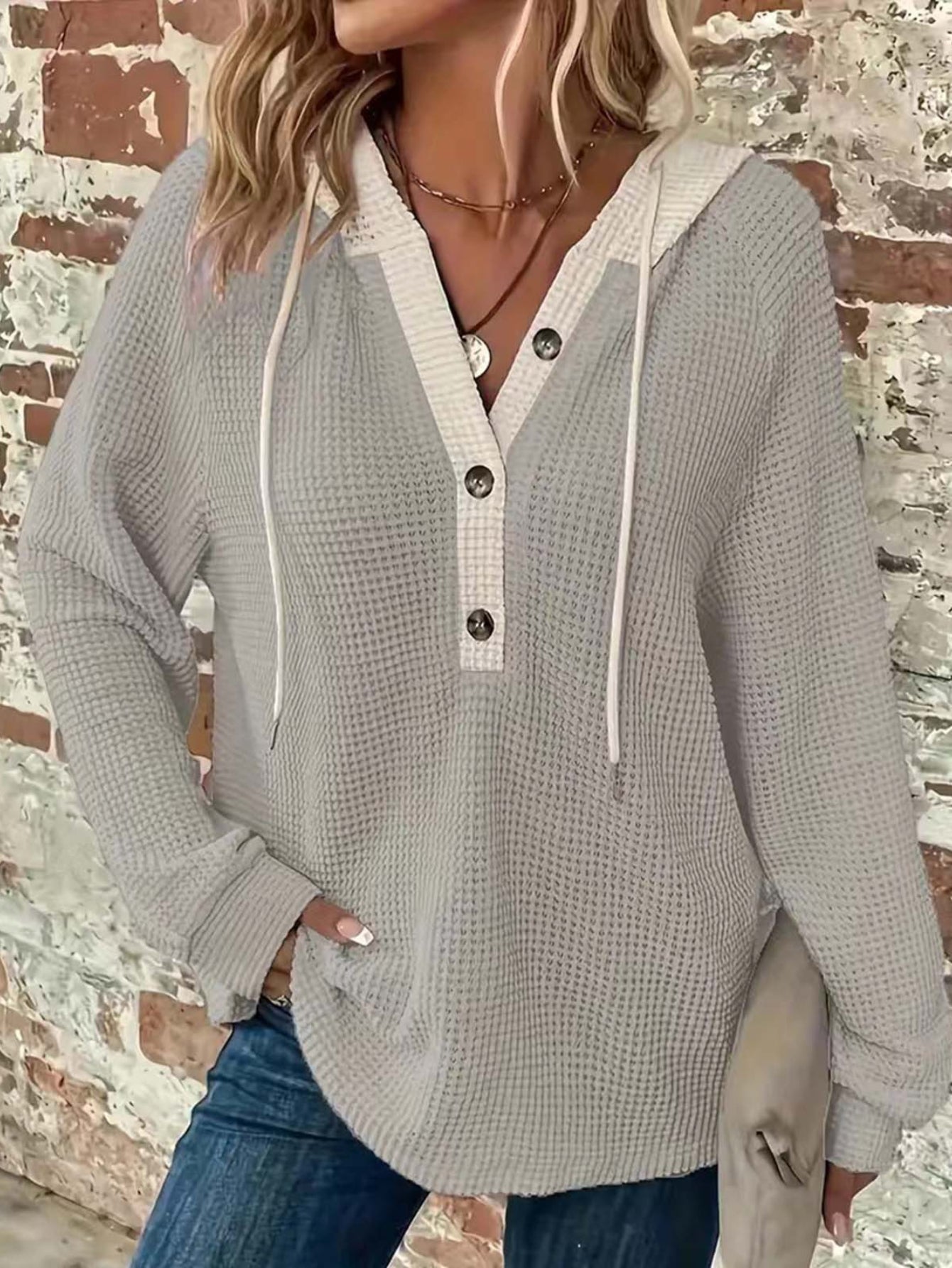 Casual Hoodie Sweatshirt | Women's Semi-Sheer, Solid Knit | Stretch Fit with Button Detail | Easy-Care