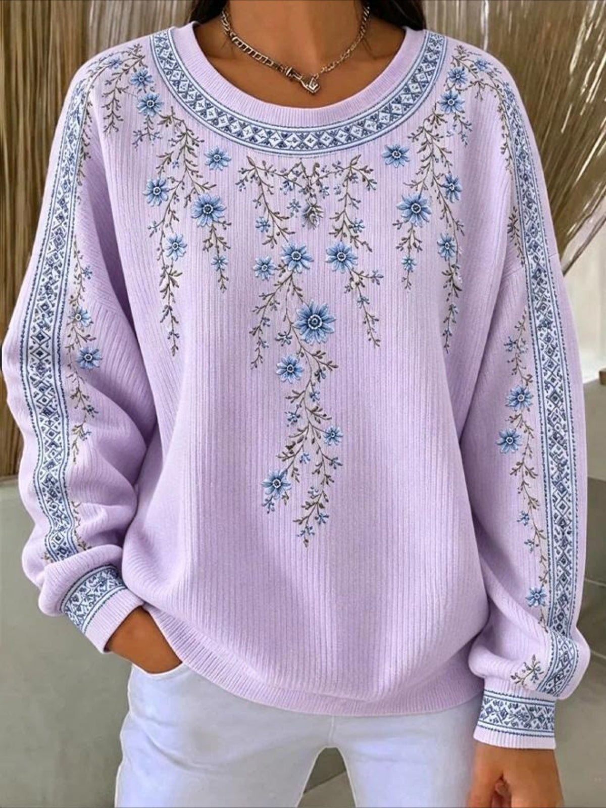 Floral Casual Printing Loose Leaf Crew Neck Regular Fit Sweatshirt