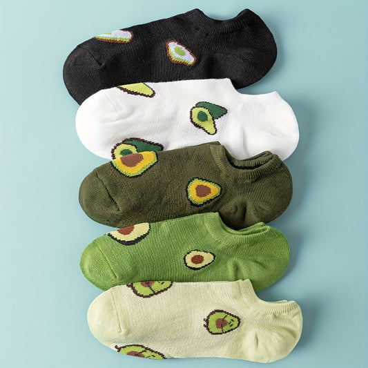 5 Pairs Avocado Print Crew Socks, Comfy & Cute Low Cut Ankle Socks