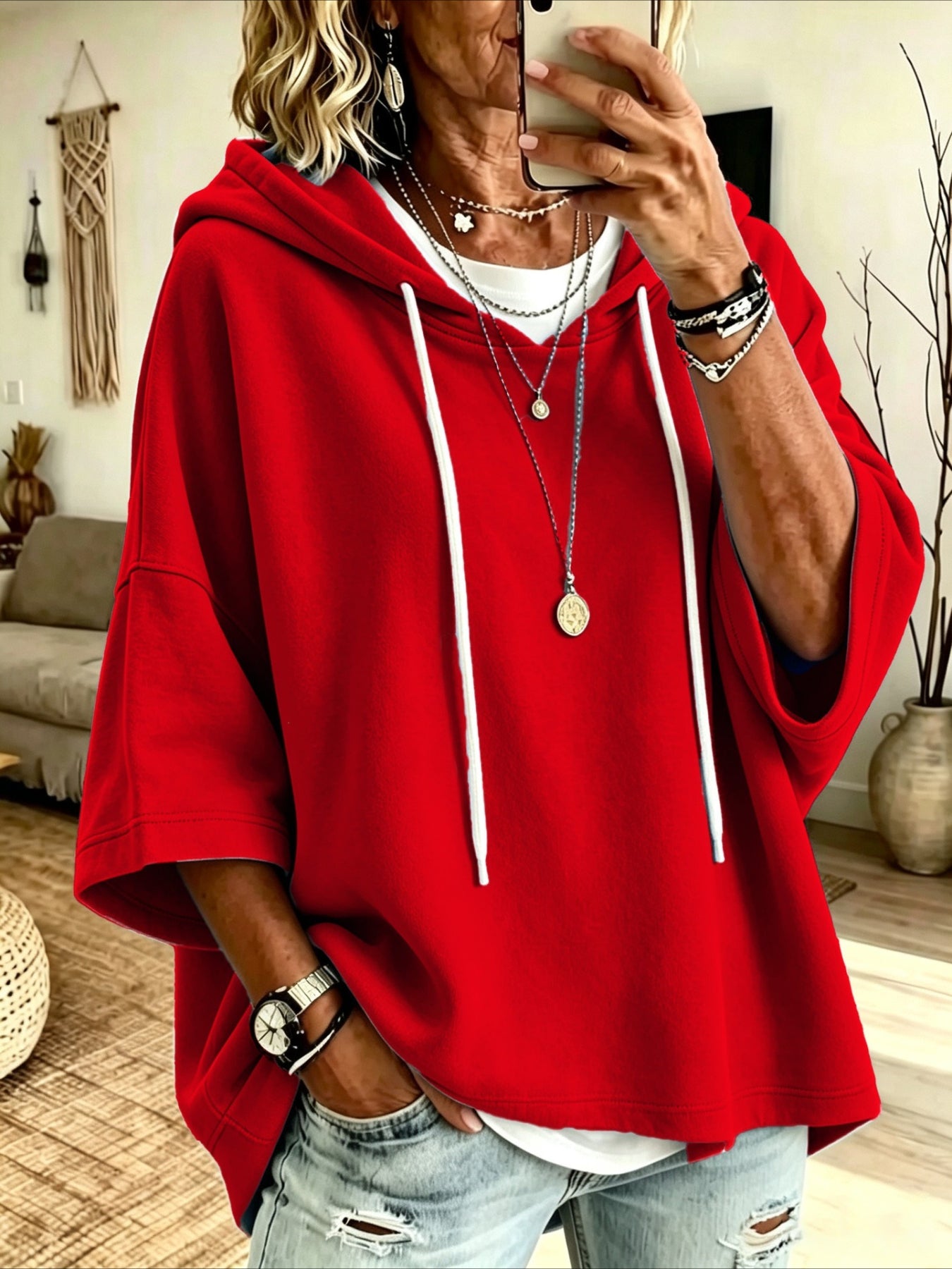 Seven-quarter Sleeves Solid Color Casual Hooded Sweatshirt
