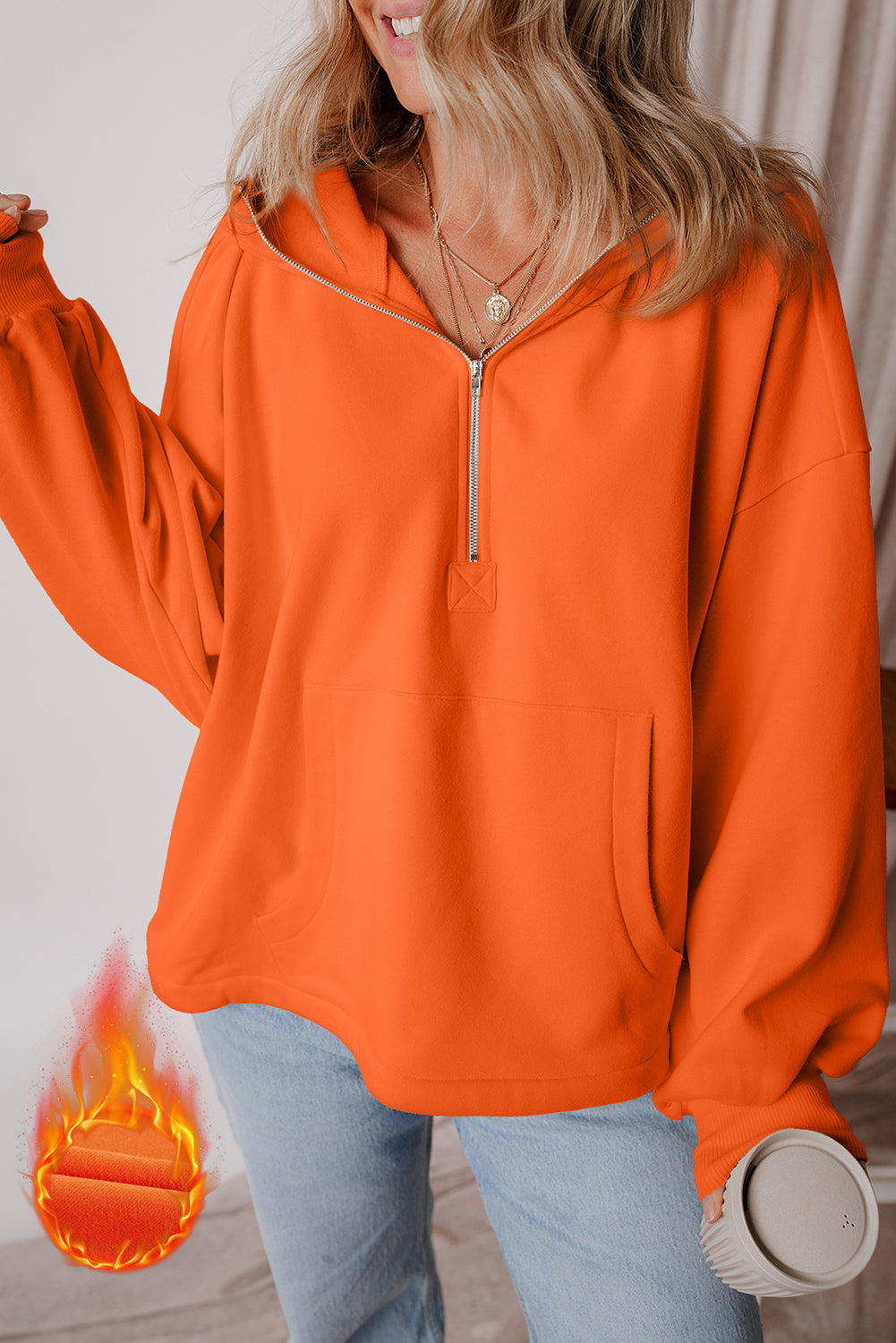 Orange Fleece Lined Half Zipper Kangaroo Pockets Loose Hoodie