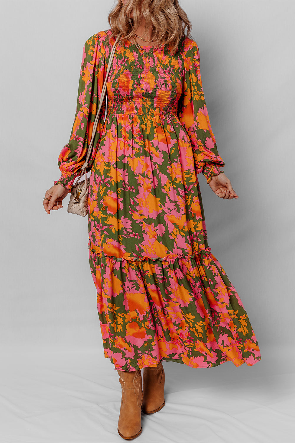 Orange Floral Puff Sleeve Smocked Bodice Ruffled Long Dress