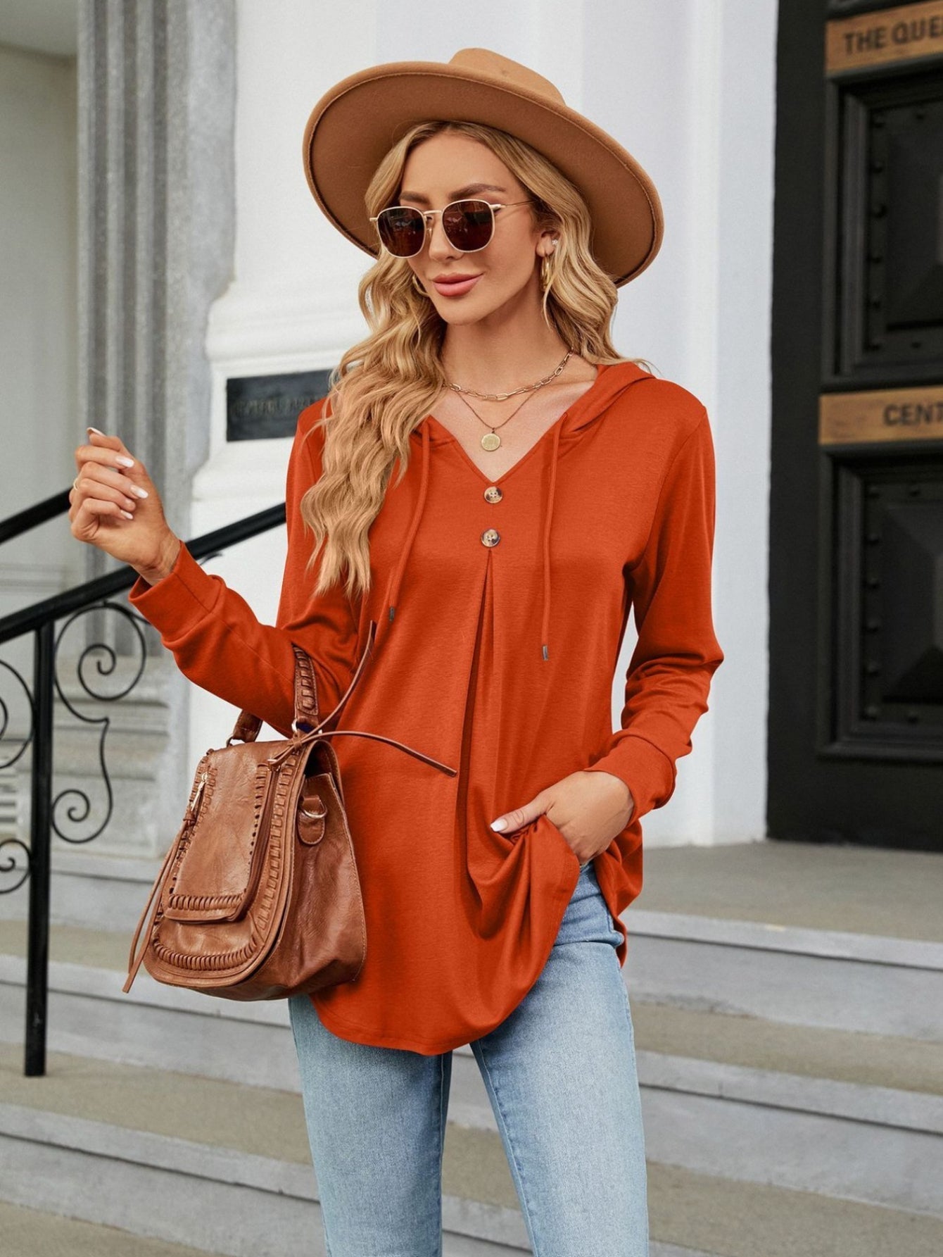 Solid Color Drawstring Button Hoodie, Casual Long Sleeve Hoodie Sweatshirt