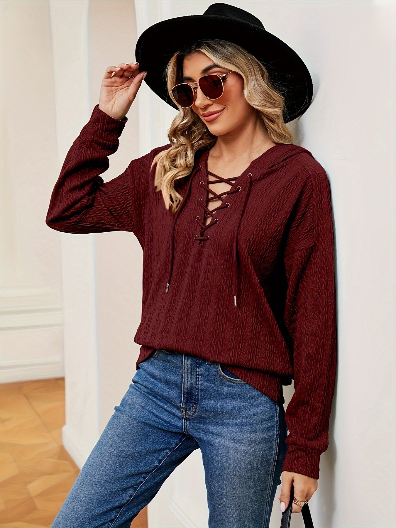 Lace Up Drop Shoulder Cable Hoodie, Casual Long Sleeve Hoodie Sweatshirt