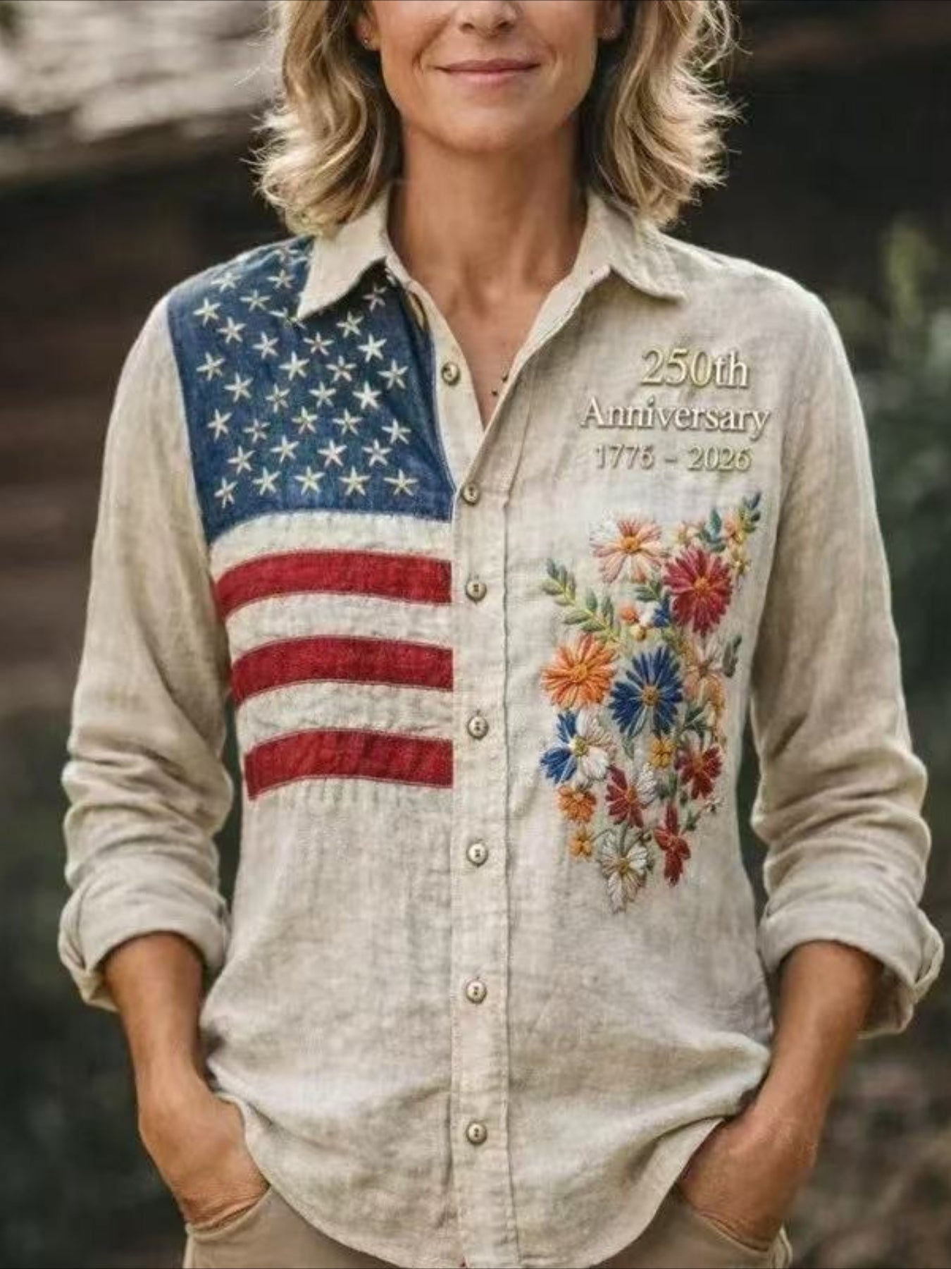 American Flag & Floral Print Button Long Sleeve Voluminous Pleated Collar Blouse
