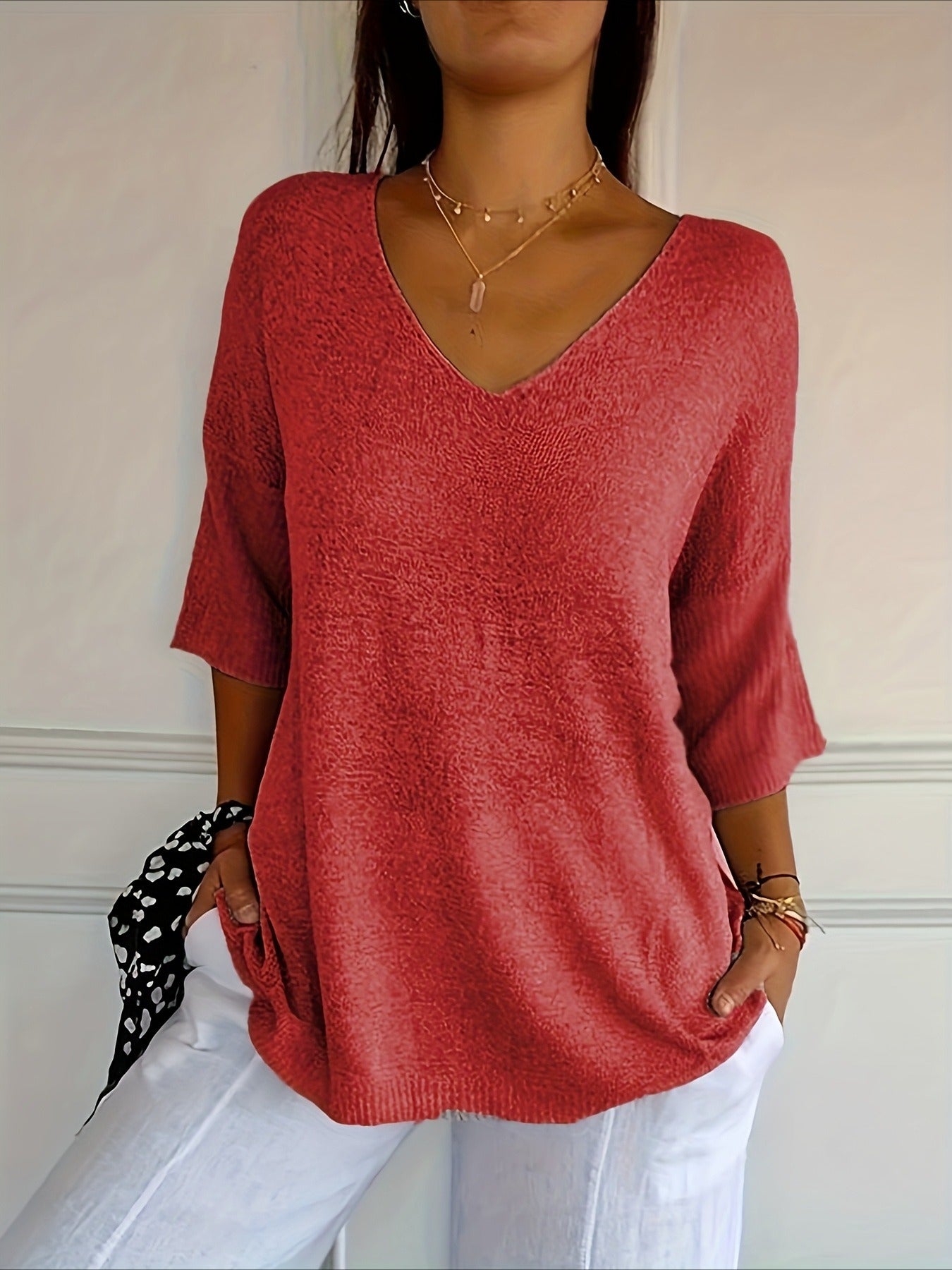 Lightweight Soft Casual 3/4 Sleeves V-Neck Sweater