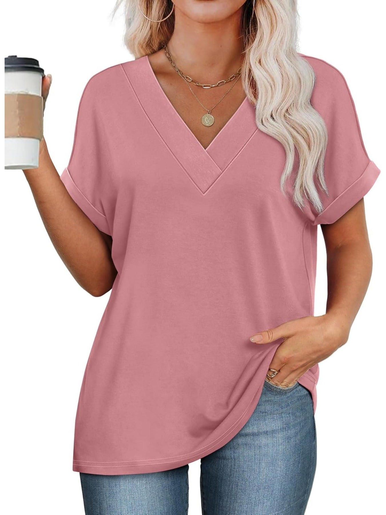 Solid Color V Neck Short Dolman Sleeve Shirts
