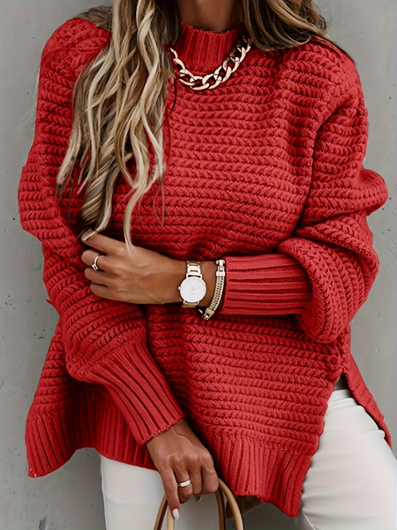 Low High Hem Mock Neck Sweater, Elegant Long Sleeve Sweater