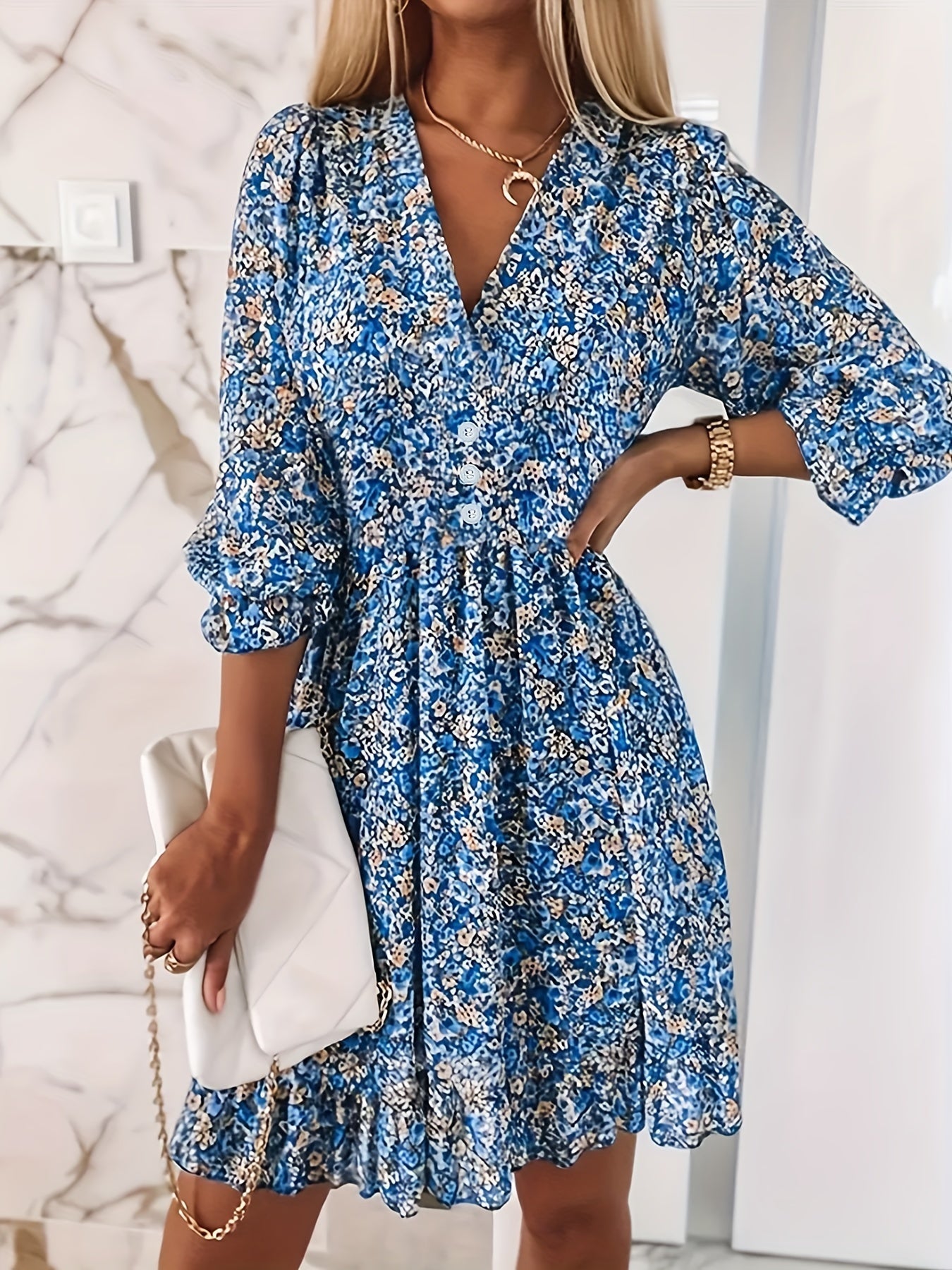Ditsy Floral Print Dress, Casual V Neck Layered Ruffle Trim Dress With Buttons