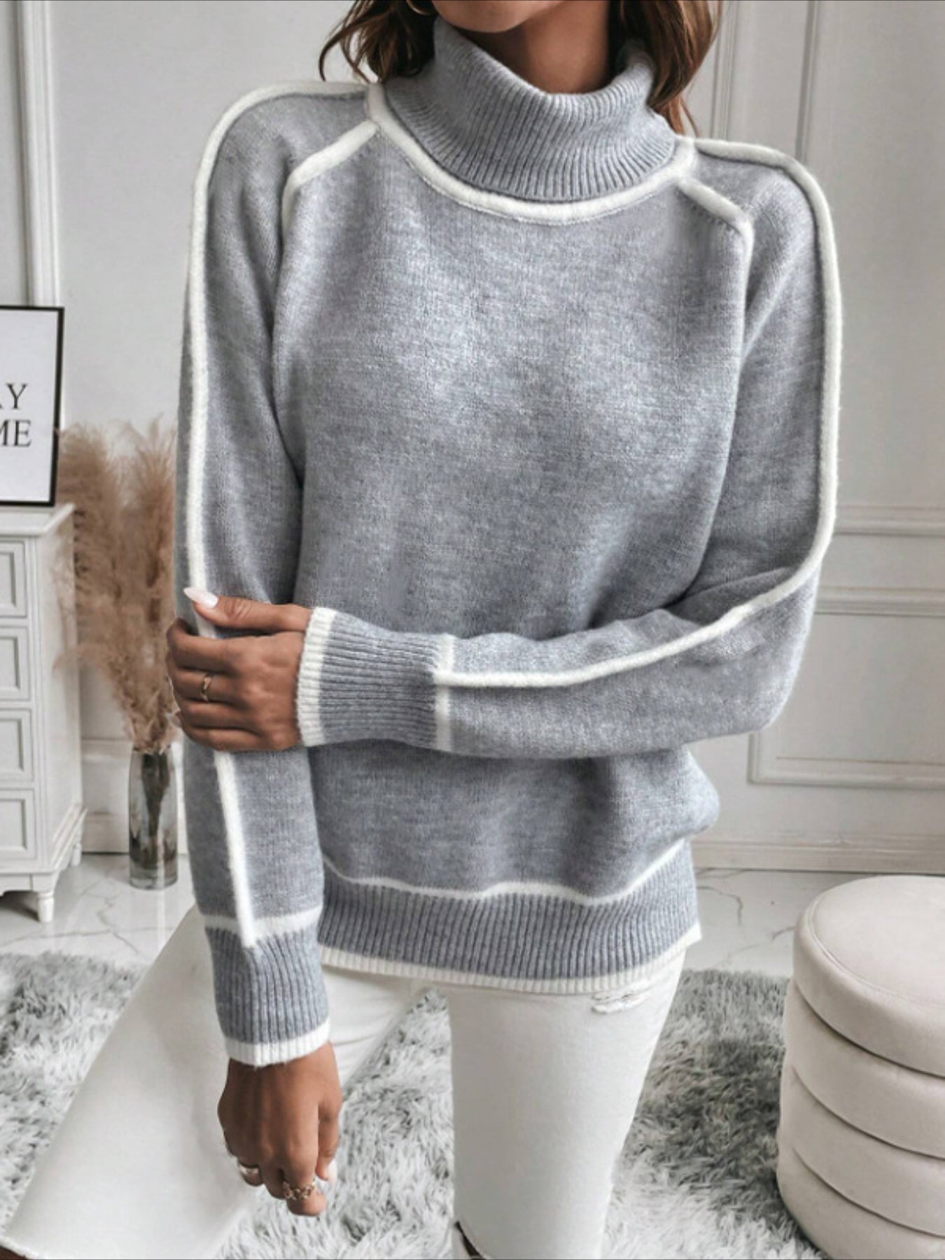Stylish Contrast Trim Turtle Neck Sweater - Cozy Casual Long Sleeve Sweater