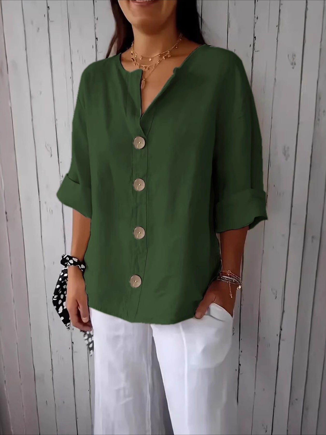 V-Neck Button-Up Solid Color Short Sleeve Loose Fit Short Sleeve Shirt