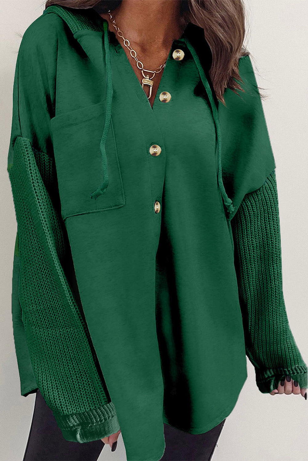 Blackish Green Button Up Contrast Knitted Sleeves Hooded Jacket