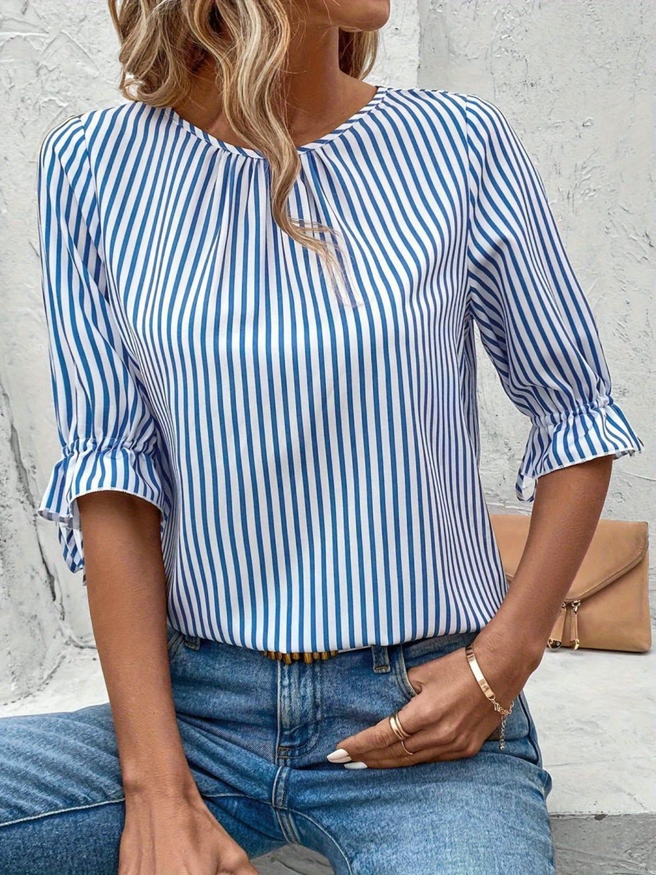 Striped Print Crew Neck Blouse, Elegant Half Sleeve Back Button Blouse
