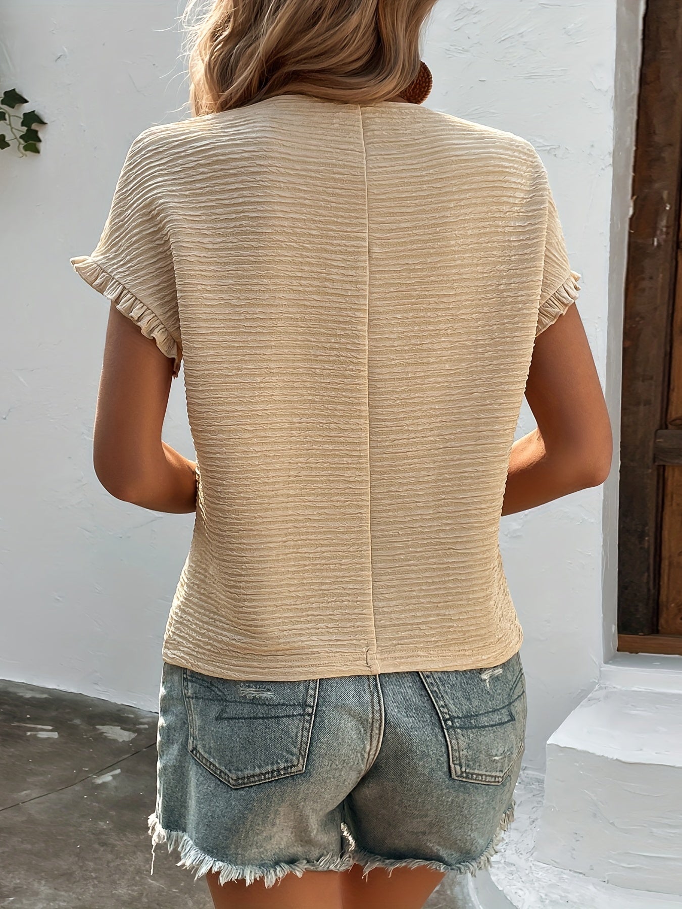 Solid Lettuce Trim T-shirt, Casual Crew Neck Short Sleeve Summer T-shirt