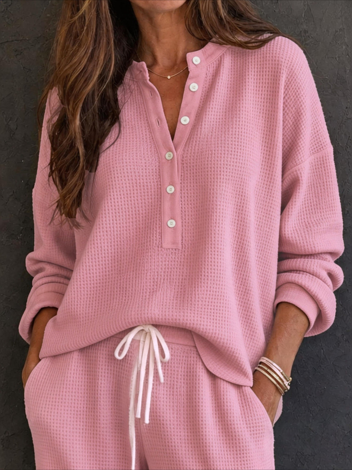 Waffle Knit Button Detail Top and Pants Set