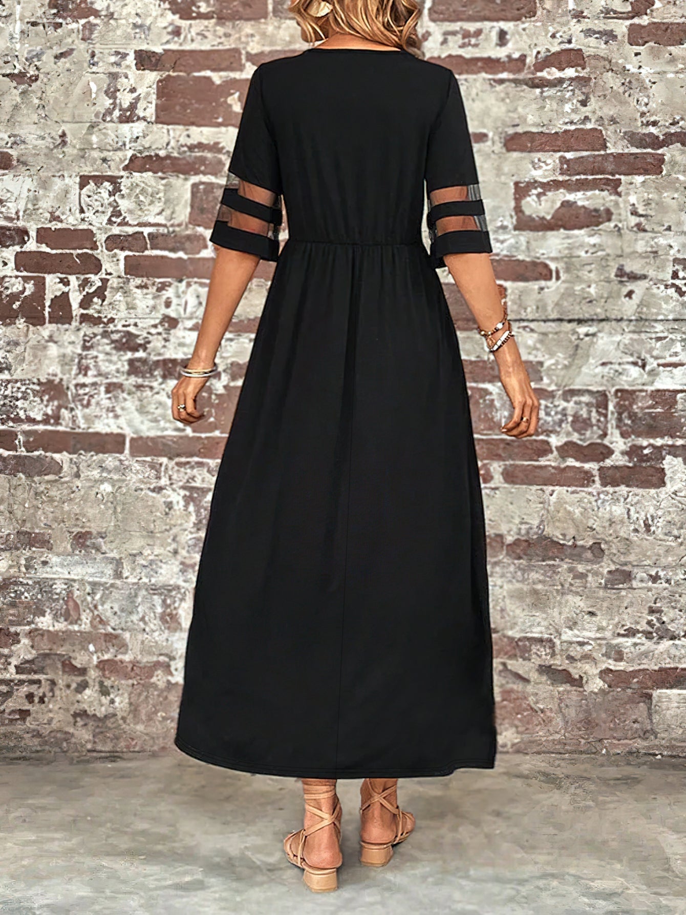 Elegant Crew Neck Solid Color Slimming Mesh Panel Maxi Dress