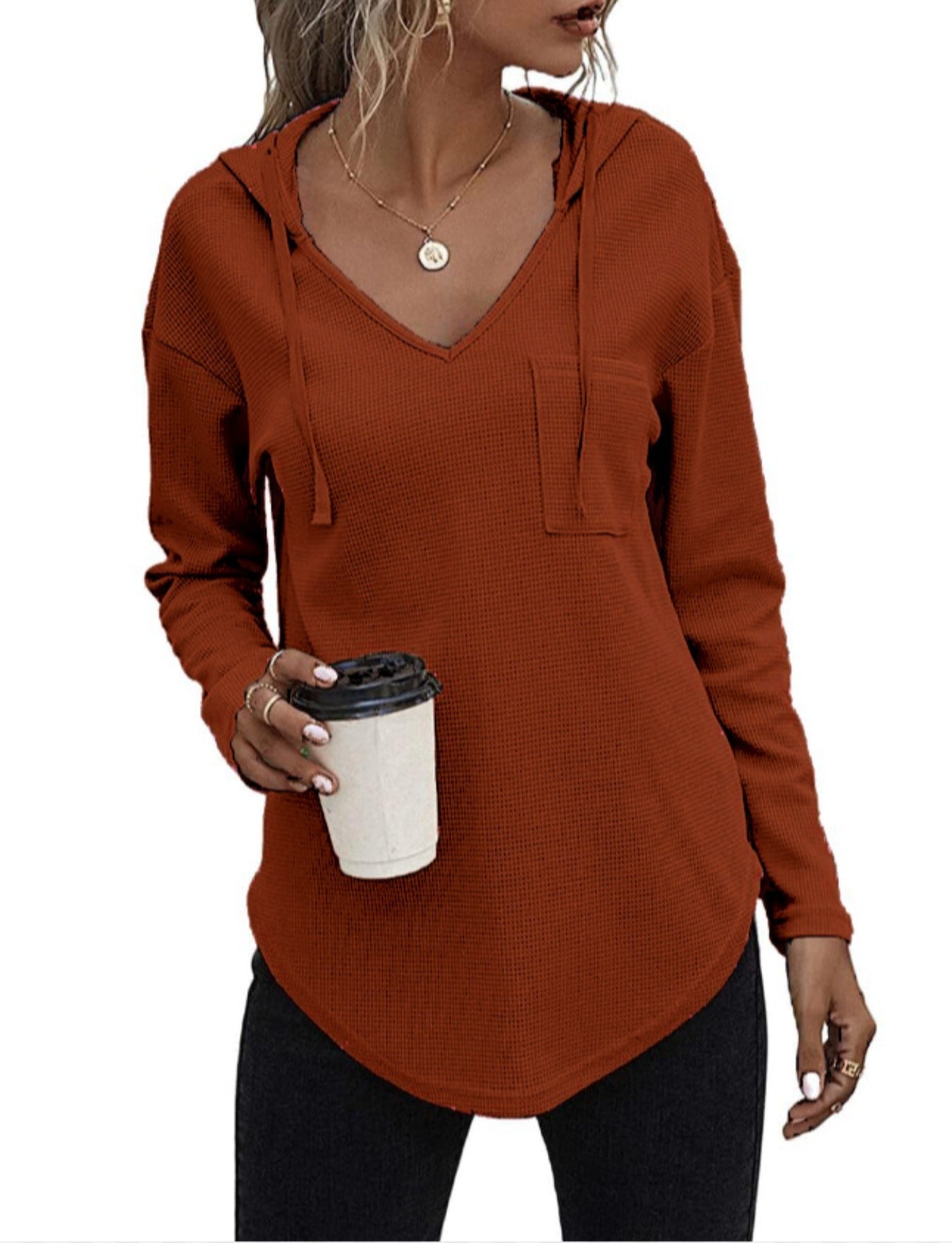 Drawstring Solid Waffle Hoodies, Casual V Neck Long Sleeve Sweatshirt With Pocket