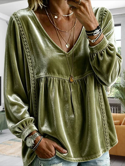 V-Neck Lace Trim Long Sleeve Velvet Blouse