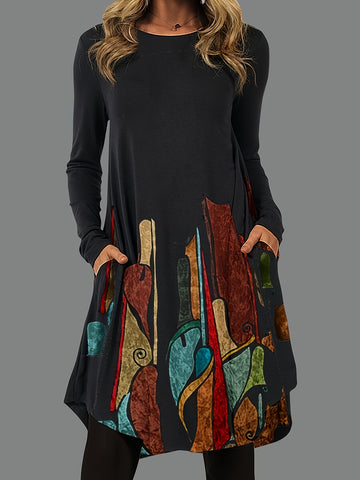 Graphic Print Dress with Long Sleeves and Pockets - Casual and Comfortable