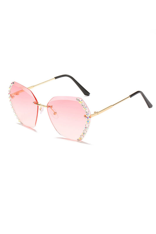 Pink Rhinestone Trim Rimless Sunglasses