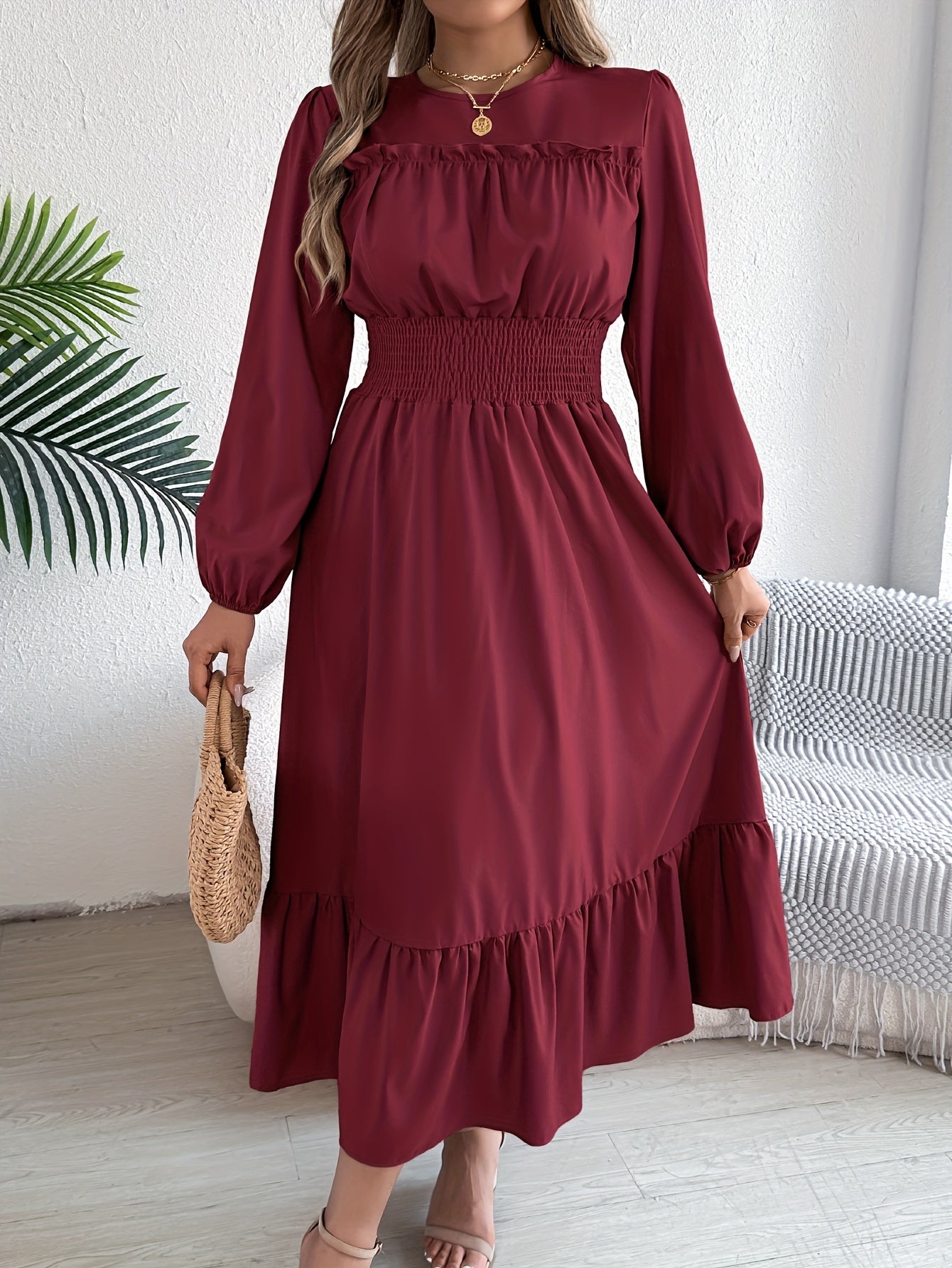 Elegant Long Sleeve Hem Round Neck Dress