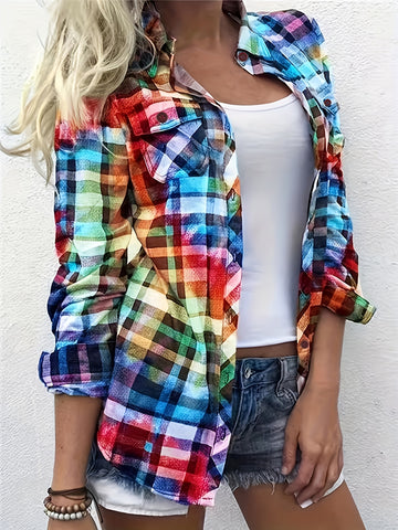 Colorful Plaid Print Shirt, Casual Long Sleeve Button Front Shirt With A Collar