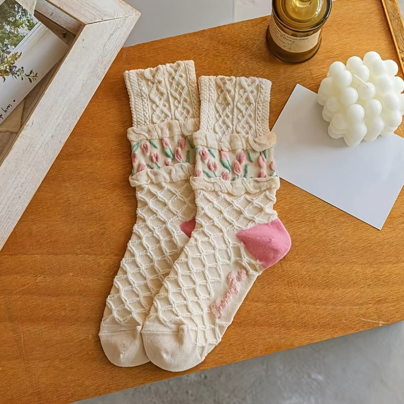 4pairs Floral Socks Set, Women Cute Flower Geometric 3D Textured Ankle Cotton Blend Cottagecore Lucky Socks