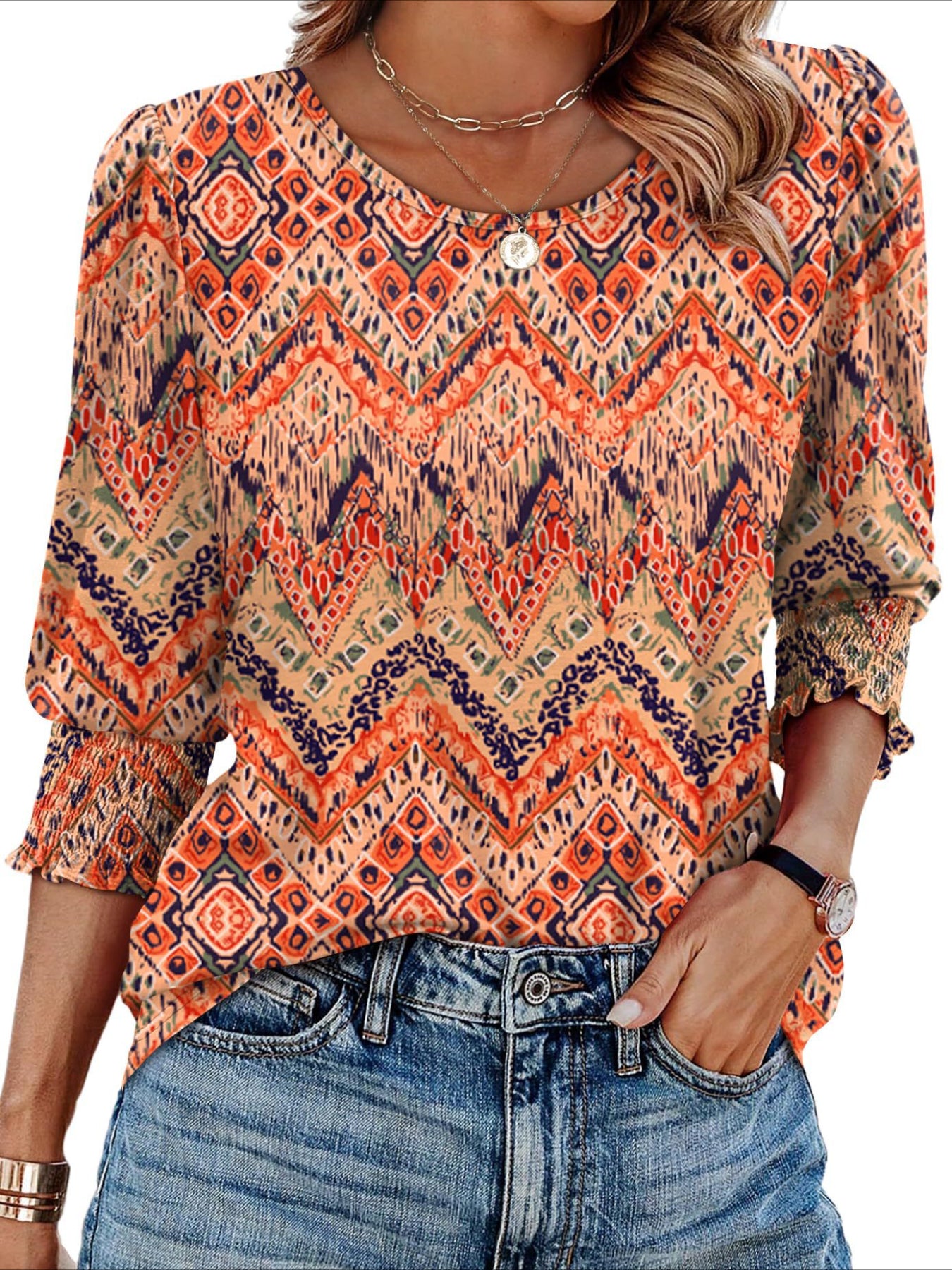 Casual 3/4 Length Sleeve Blouses with Smocked Cuffs