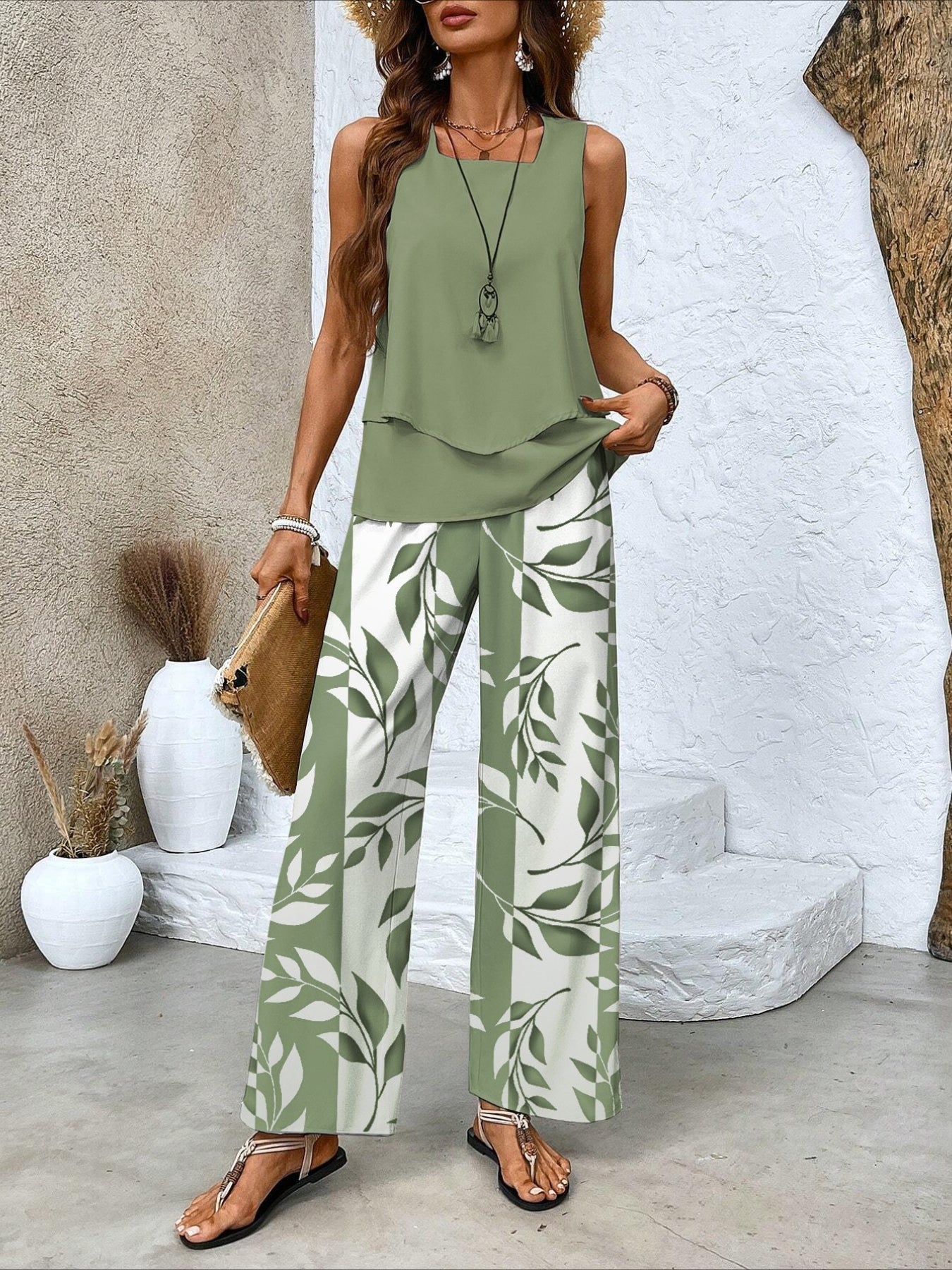 Crew Neck Sleeveless Layered Tank Top & Wide Leg Pants