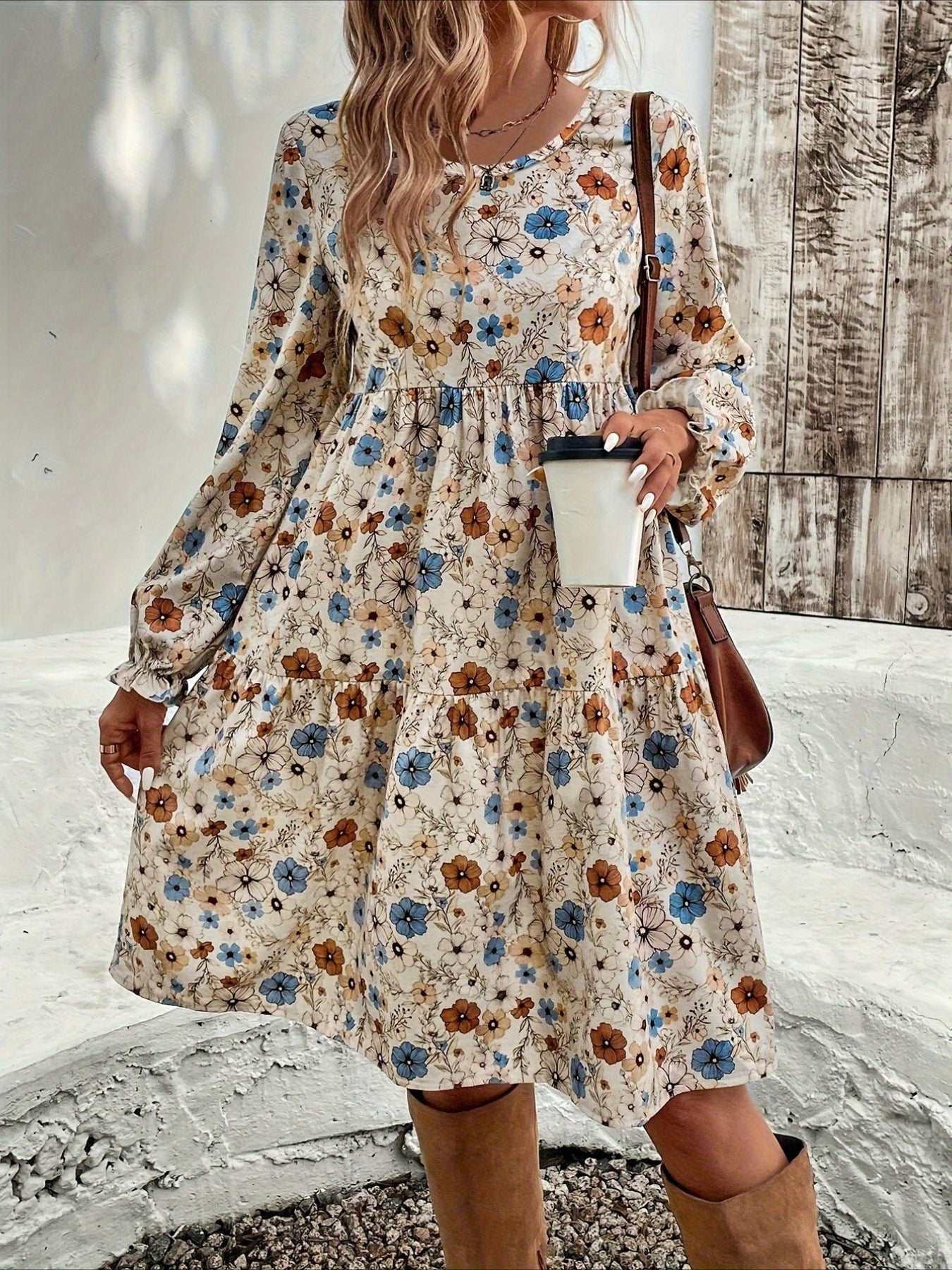 Floral Print Crew Neck Casual Long Sleeve Dress