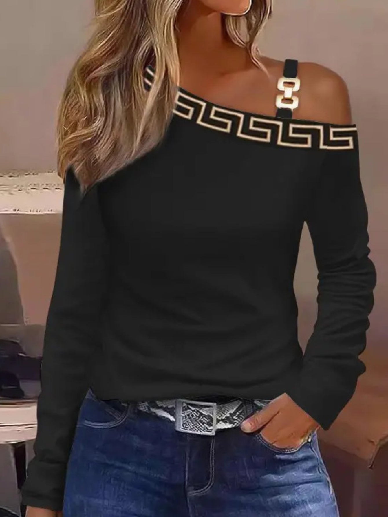 Cutout Lace Stitching Cold Shoulder T-Shirt, Casual Long Sleeve Top