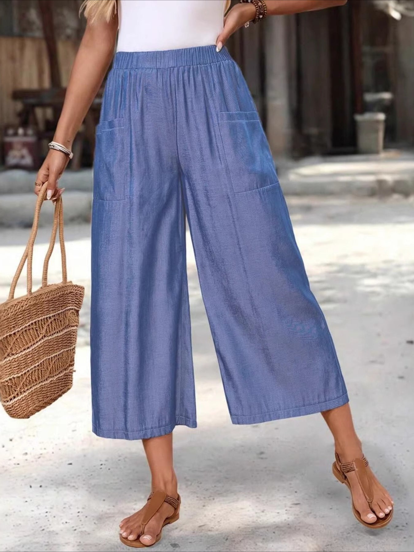 Solid Color Elastic Waist Y Casual Wide-Leg Ankle Pants