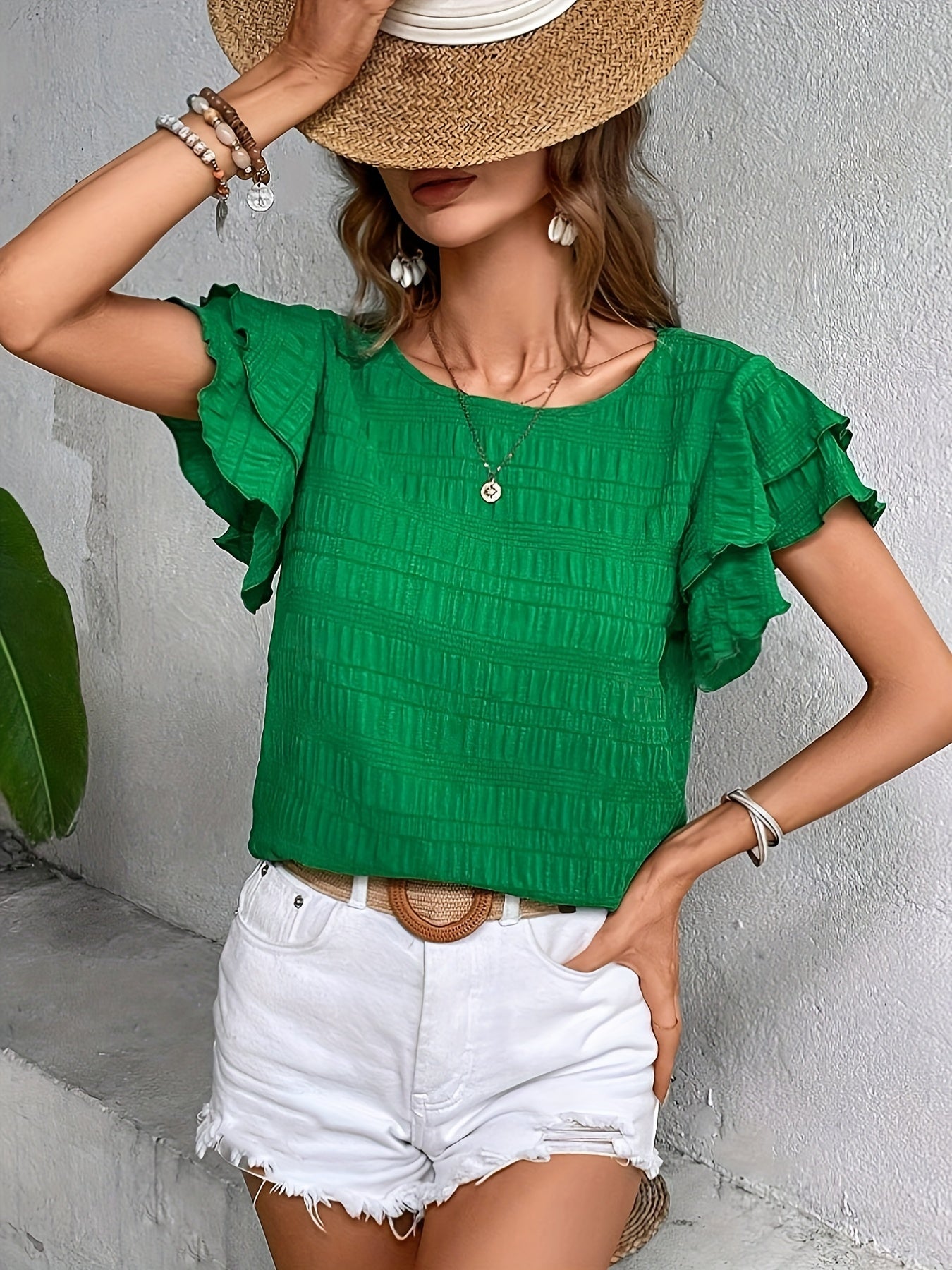 Textured Butterfly Sleeve Blouse, Elegant Solid Color Crew Neck Top