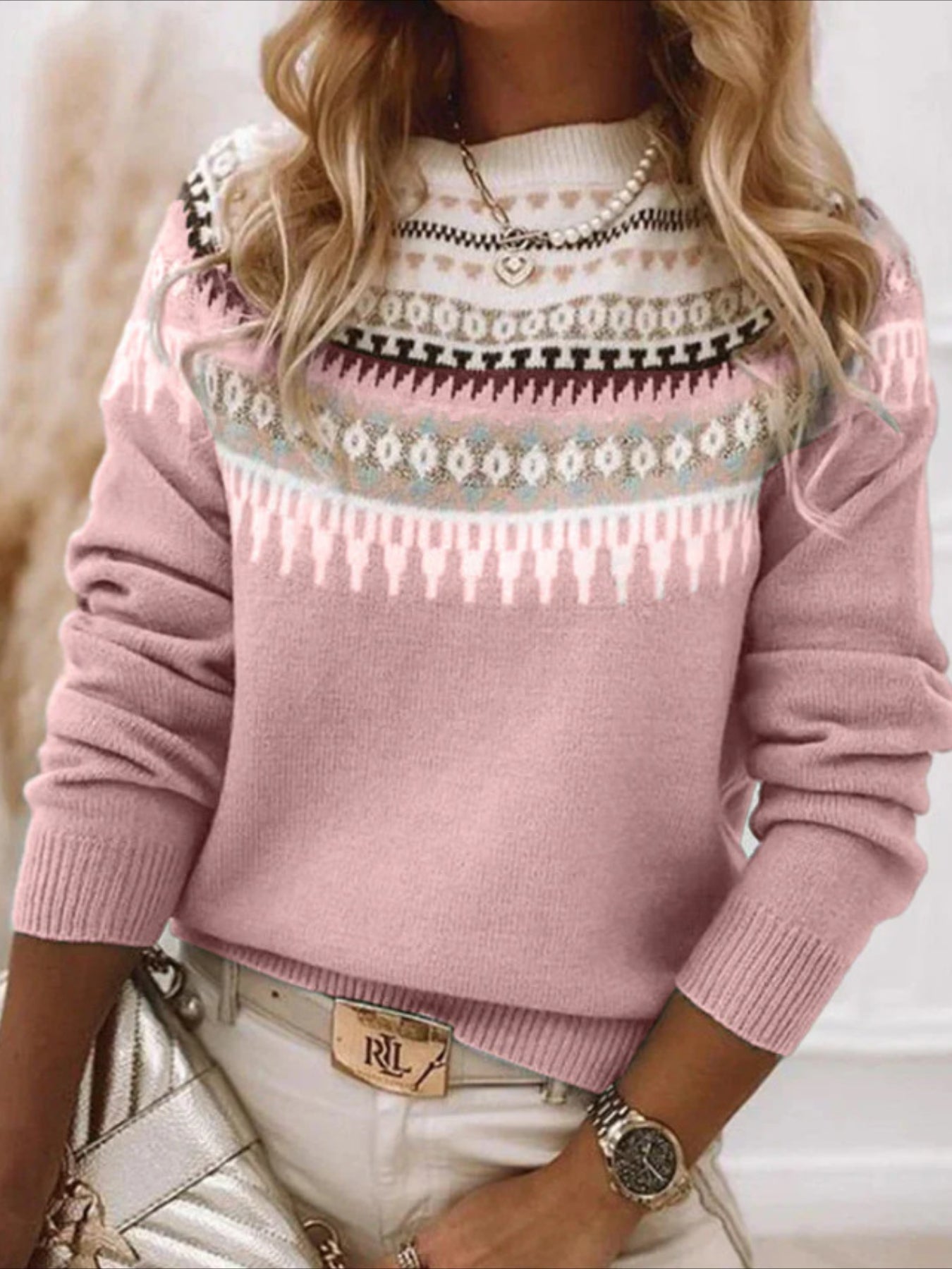 Cozy Chic Knit  Crew Neck Long Sleeve Pullover with Ethnic Pattern Sweater