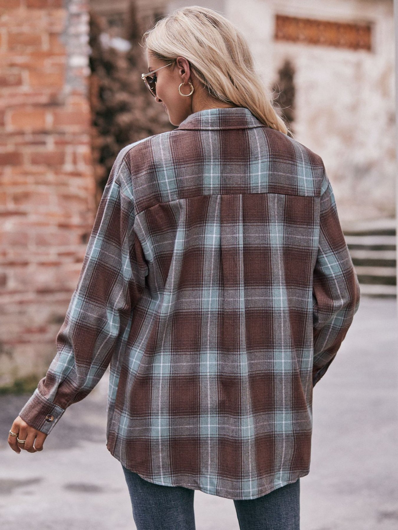 Plaid Print Polo Collar Button Shirt, Casual Long Sleeve Shirt